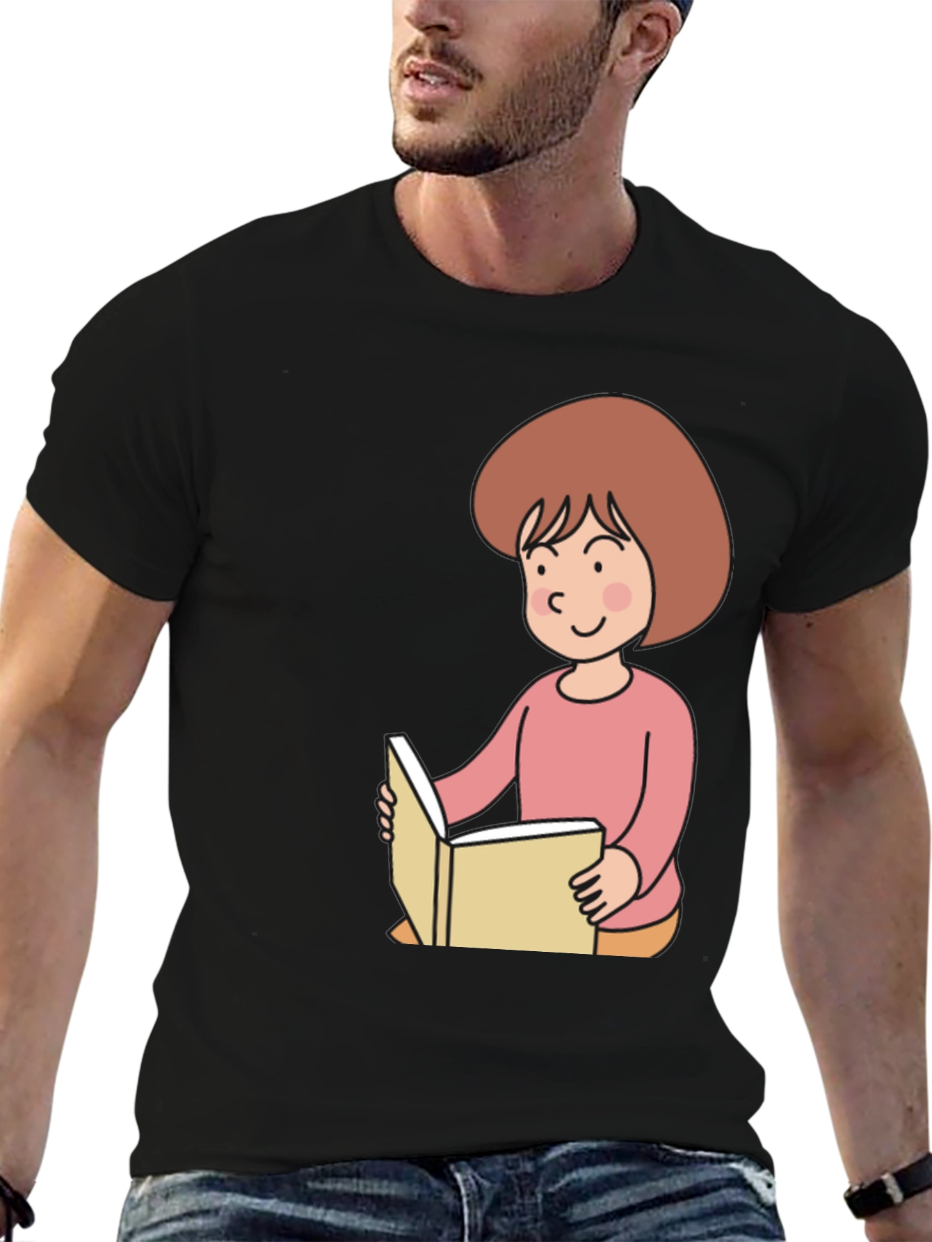 Black Reading Girl Black T-Shirt - Cute Cartoon Design view 6