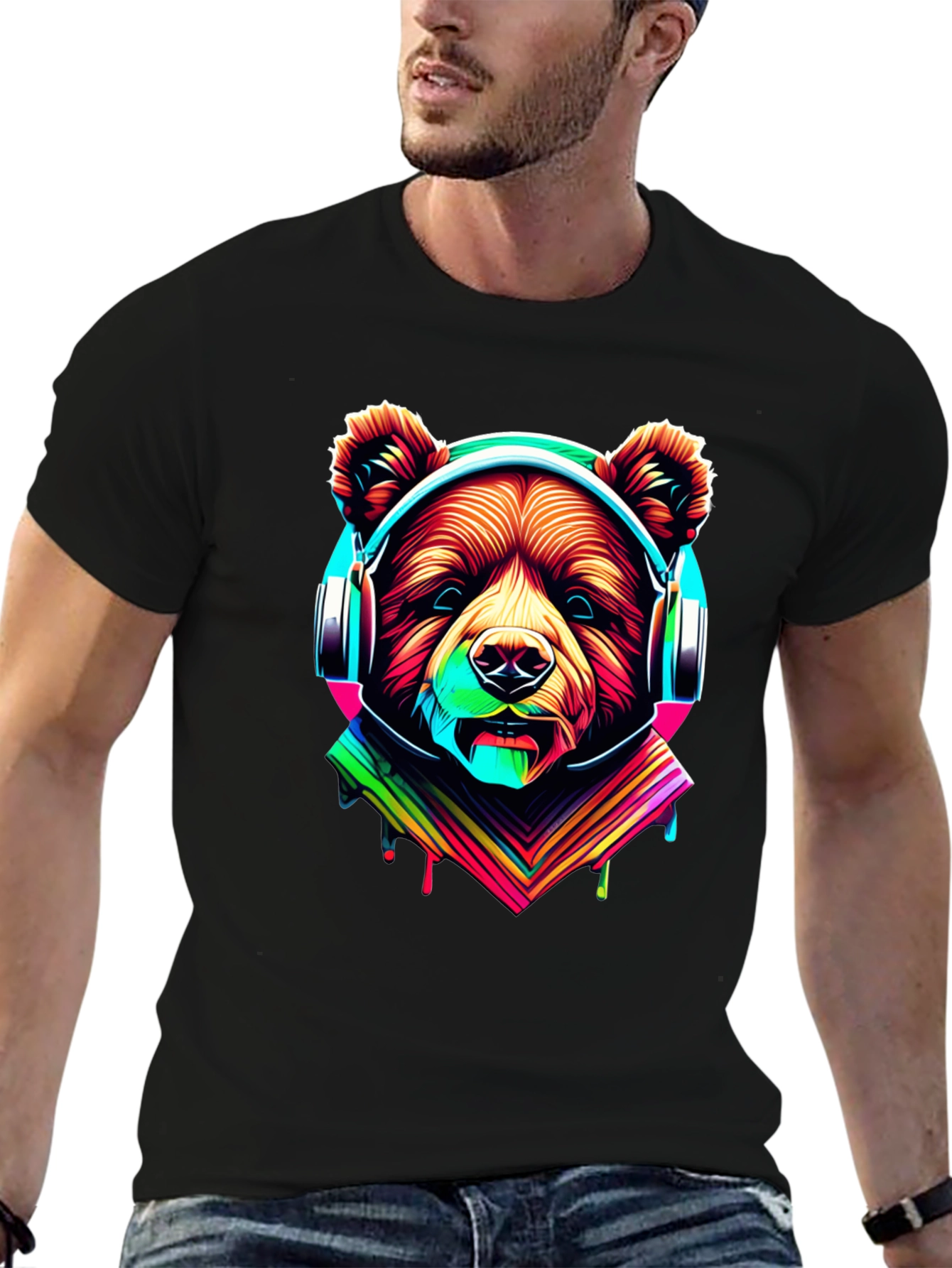 Black Neon Bear Headphones Graphic Tee view 6
