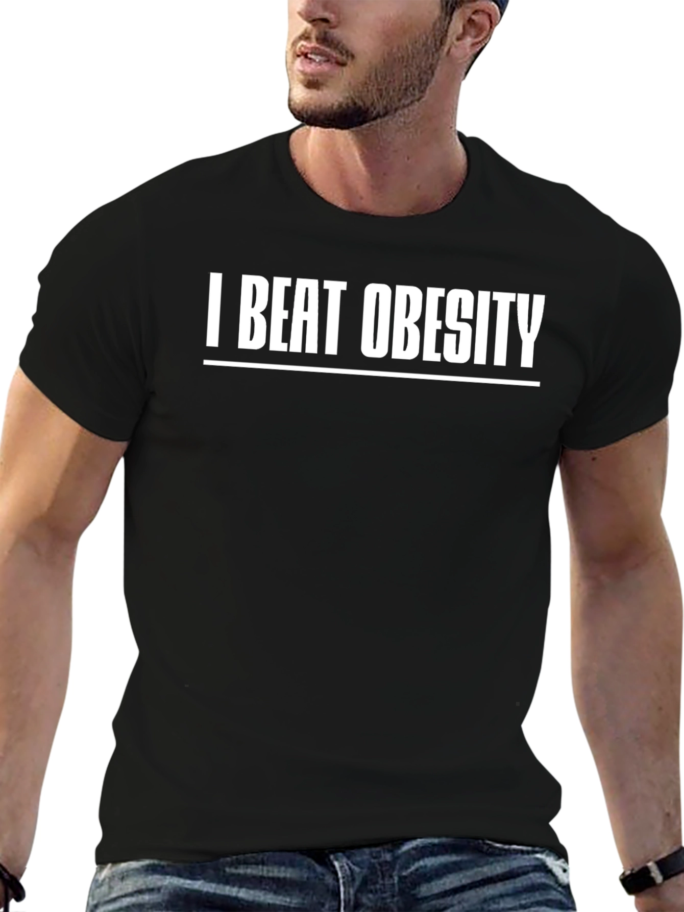 Black I Beat Obesity T-Shirt - Motivational Weight Loss Tee view 6