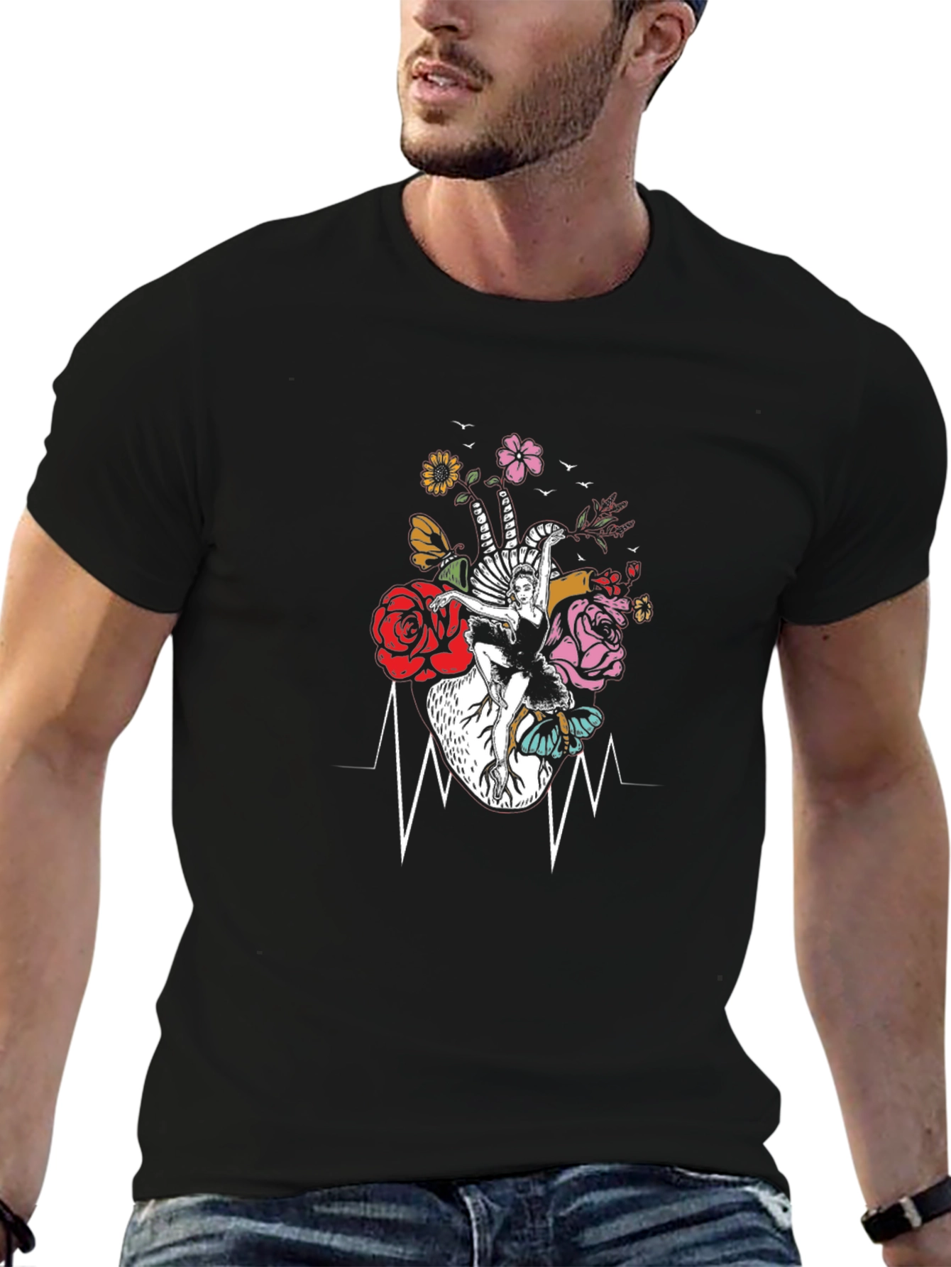 Black Floral Heartbeat Dancer Graphic Tee view 6