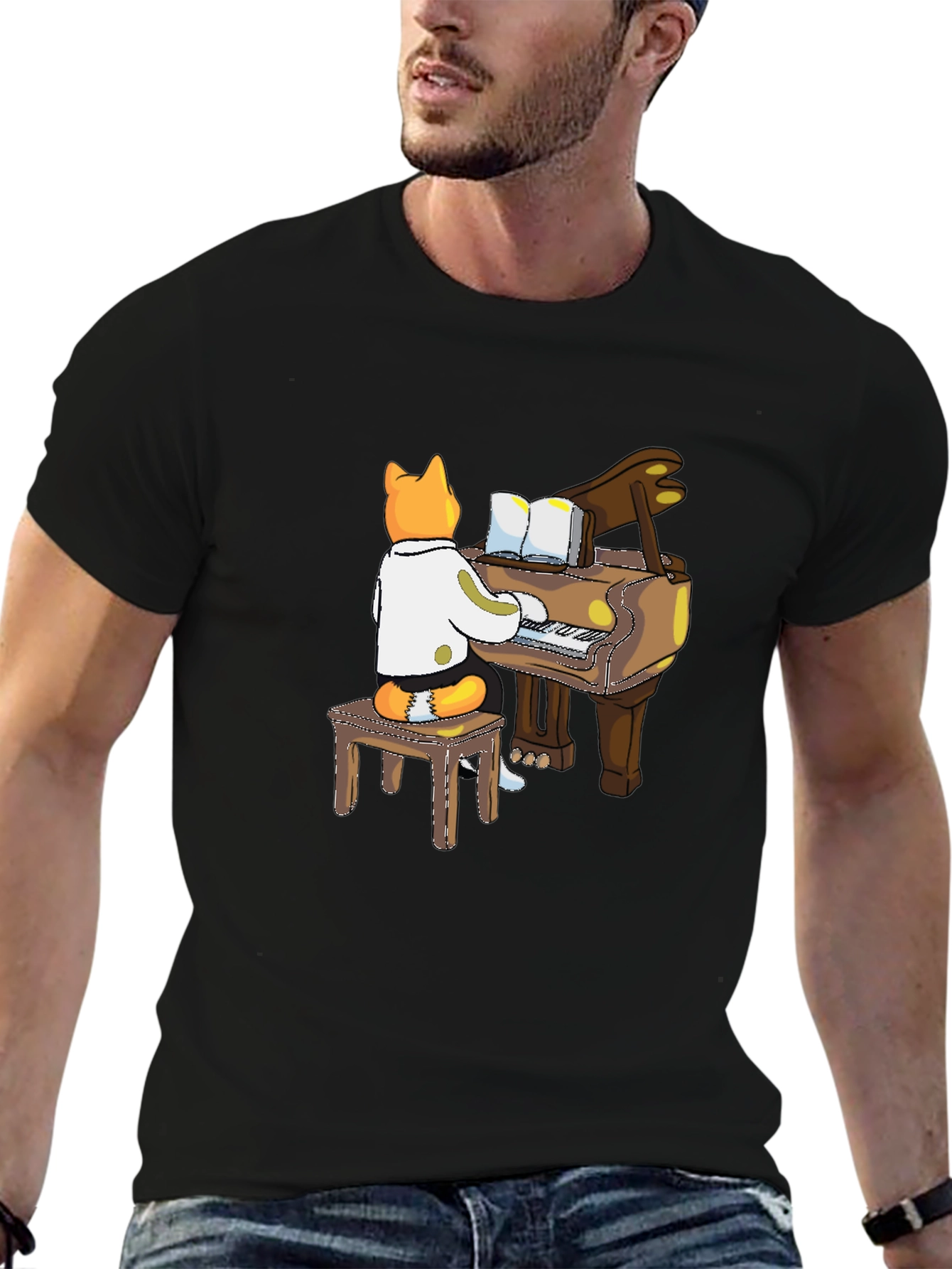Black Cat Pianist T-Shirt - Black Graphic Tee view 6