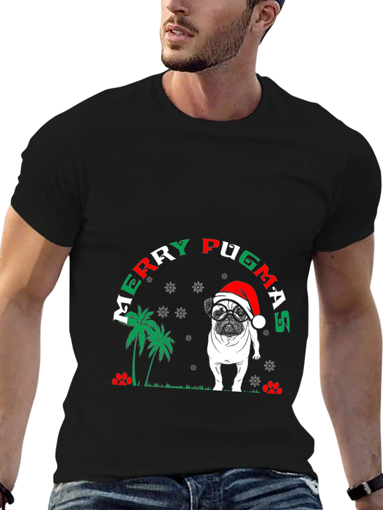 Black Merry Pugmas Christmas T-Shirt view 6