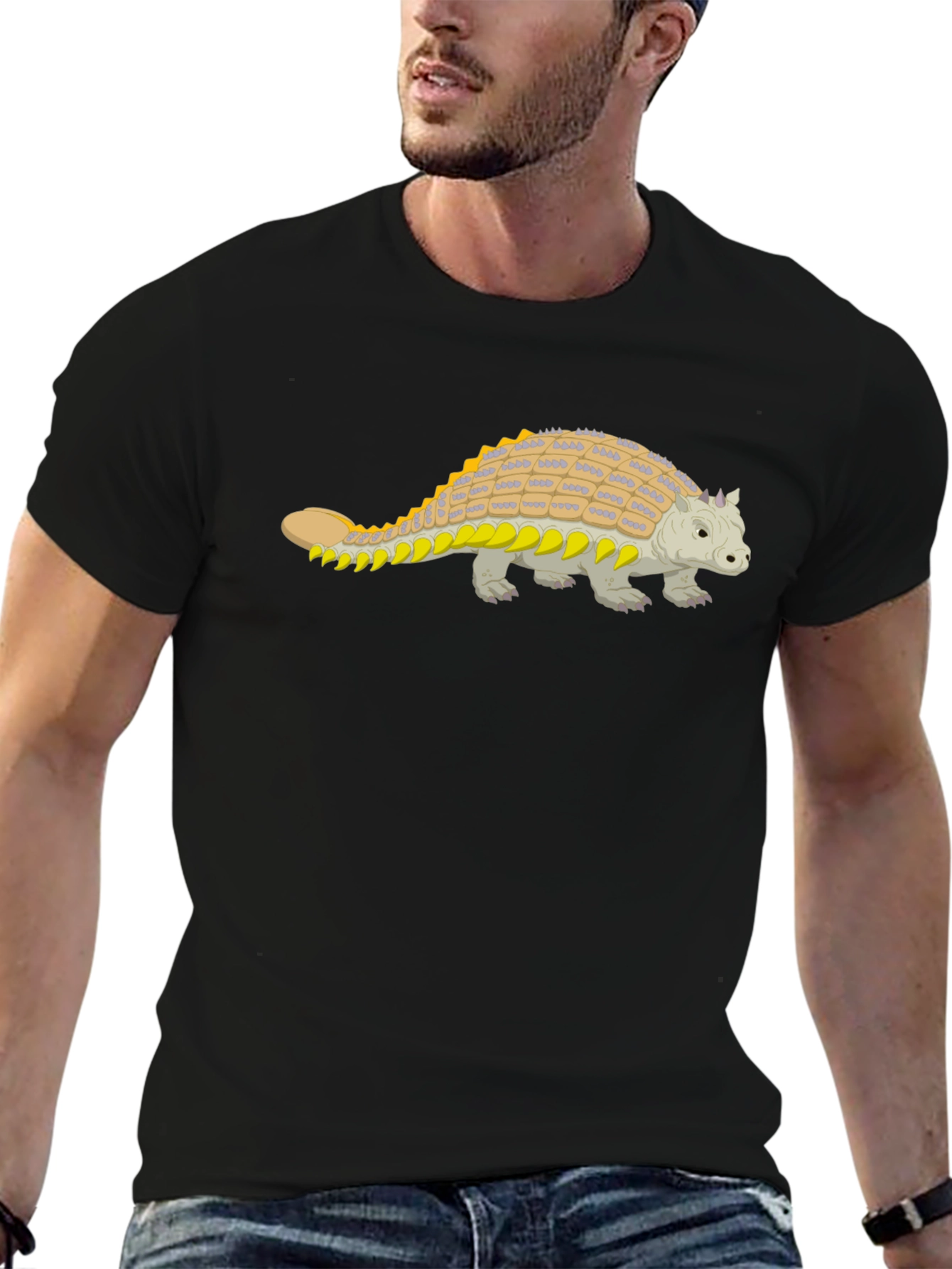 Black Ankylosaurus Dinosaur Graphic Tee - Black Cotton Shirt view 6