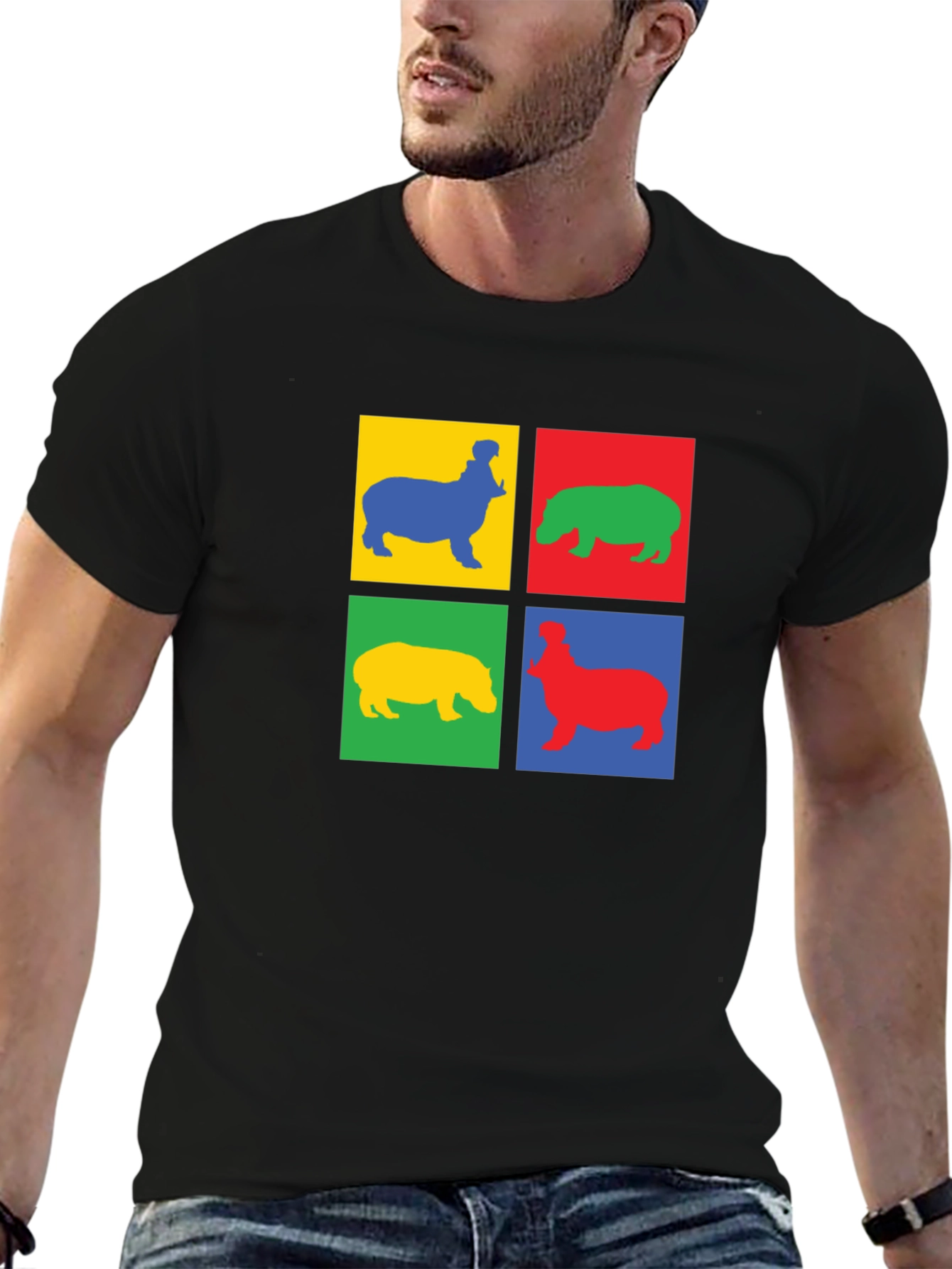 Black Colorful Hippo Pop Art Black T-Shirt view 6