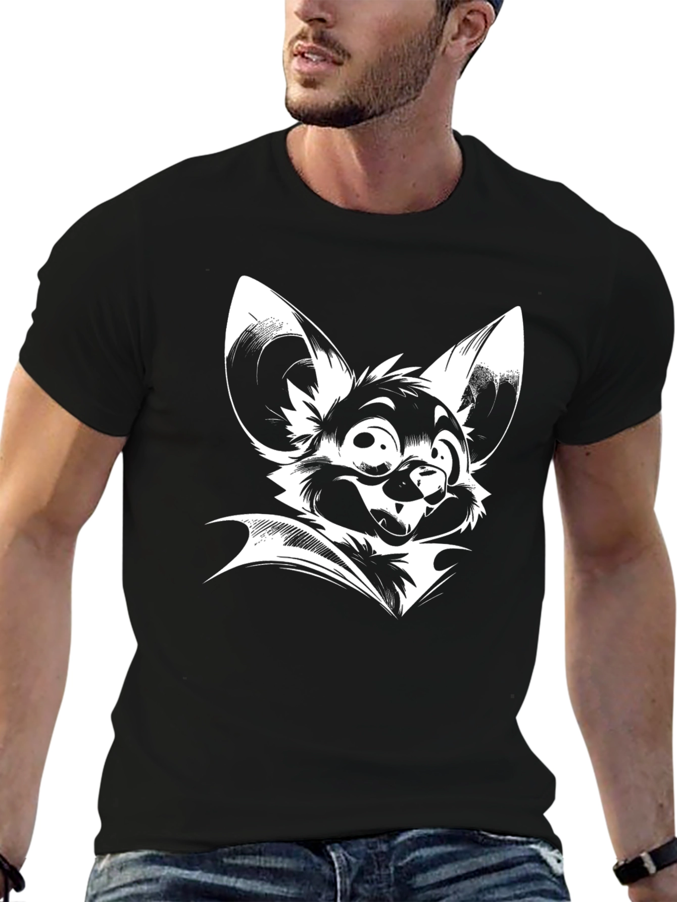 Black Black T-Shirt with White Bat Cartoon Print view 6