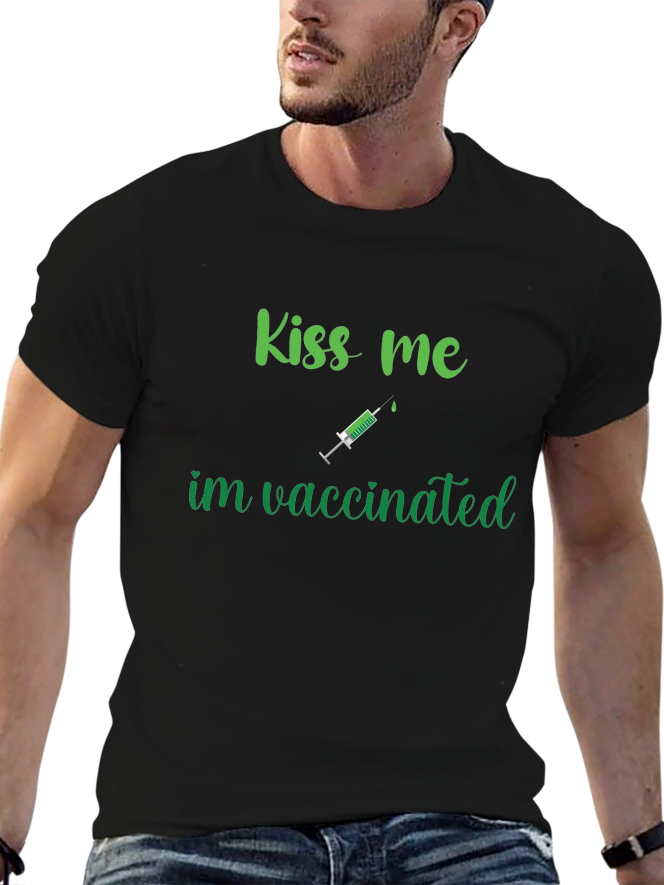 Black Kiss Me I'm Vaccinated Funny T-Shirt view 6