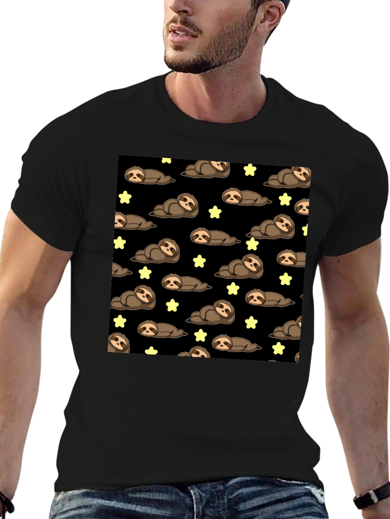 Black Cute Sloth Starry Night T-Shirt view 6
