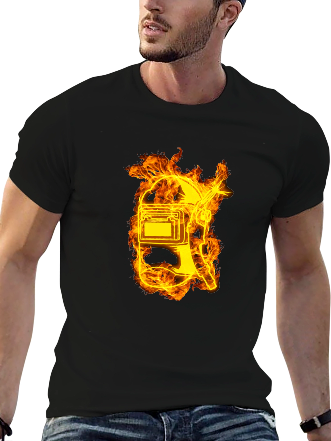 Black Flaming Welder T-Shirt - Black Cotton Tee view 6