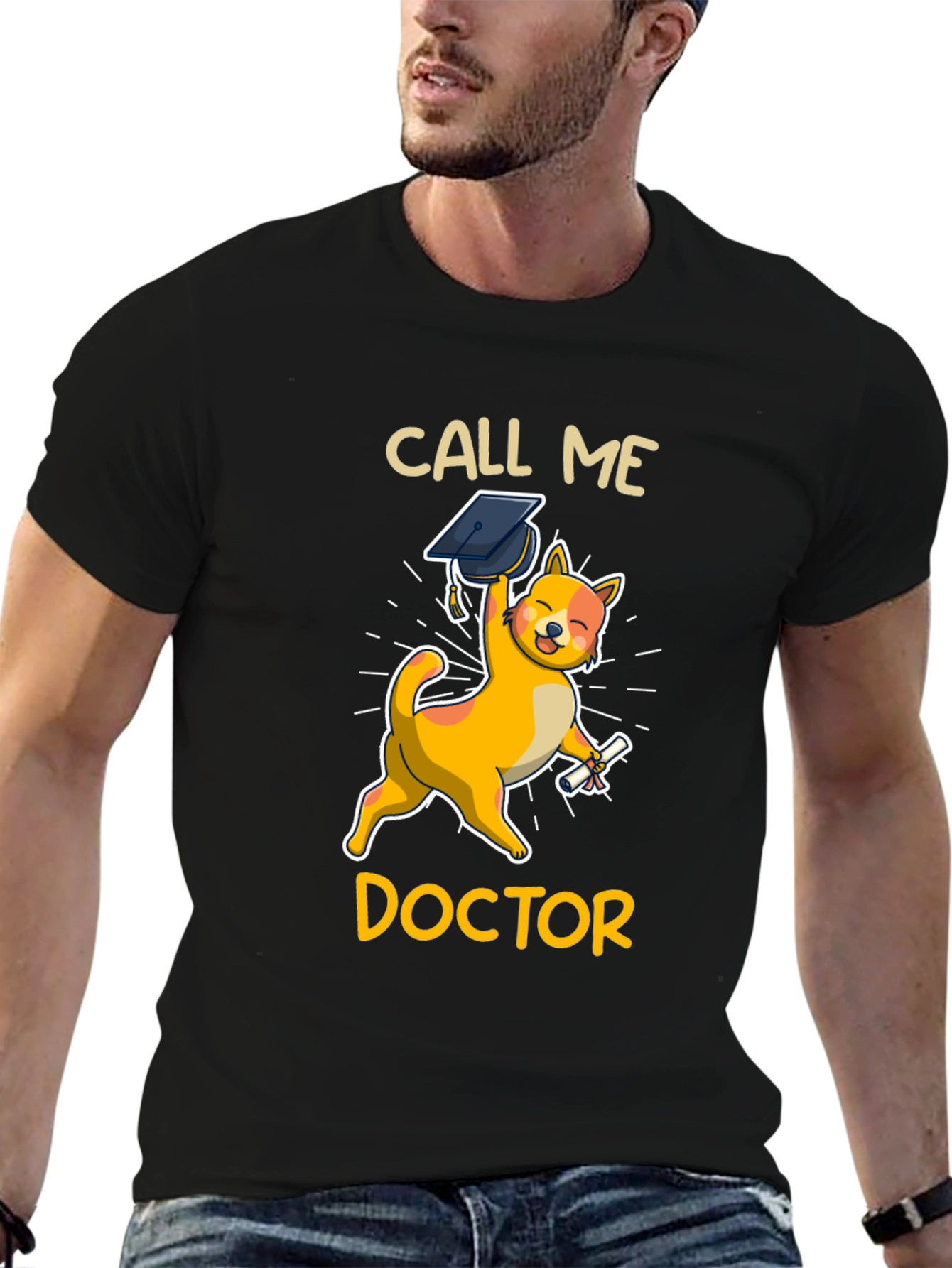 Black Call Me Doctor Grad Cat T-Shirt view 6