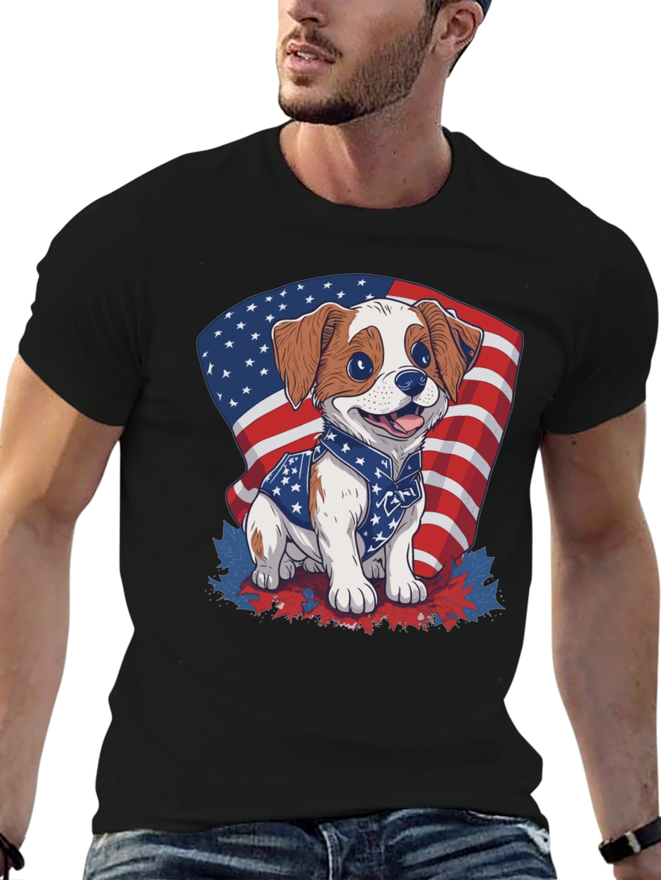 Black Patriotic Puppy T-Shirt: American Flag Dog Design view 6