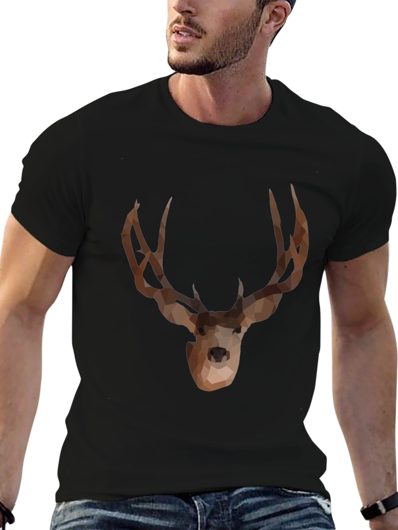 Black Geometric Deer Graphic T-Shirt - Black view 6