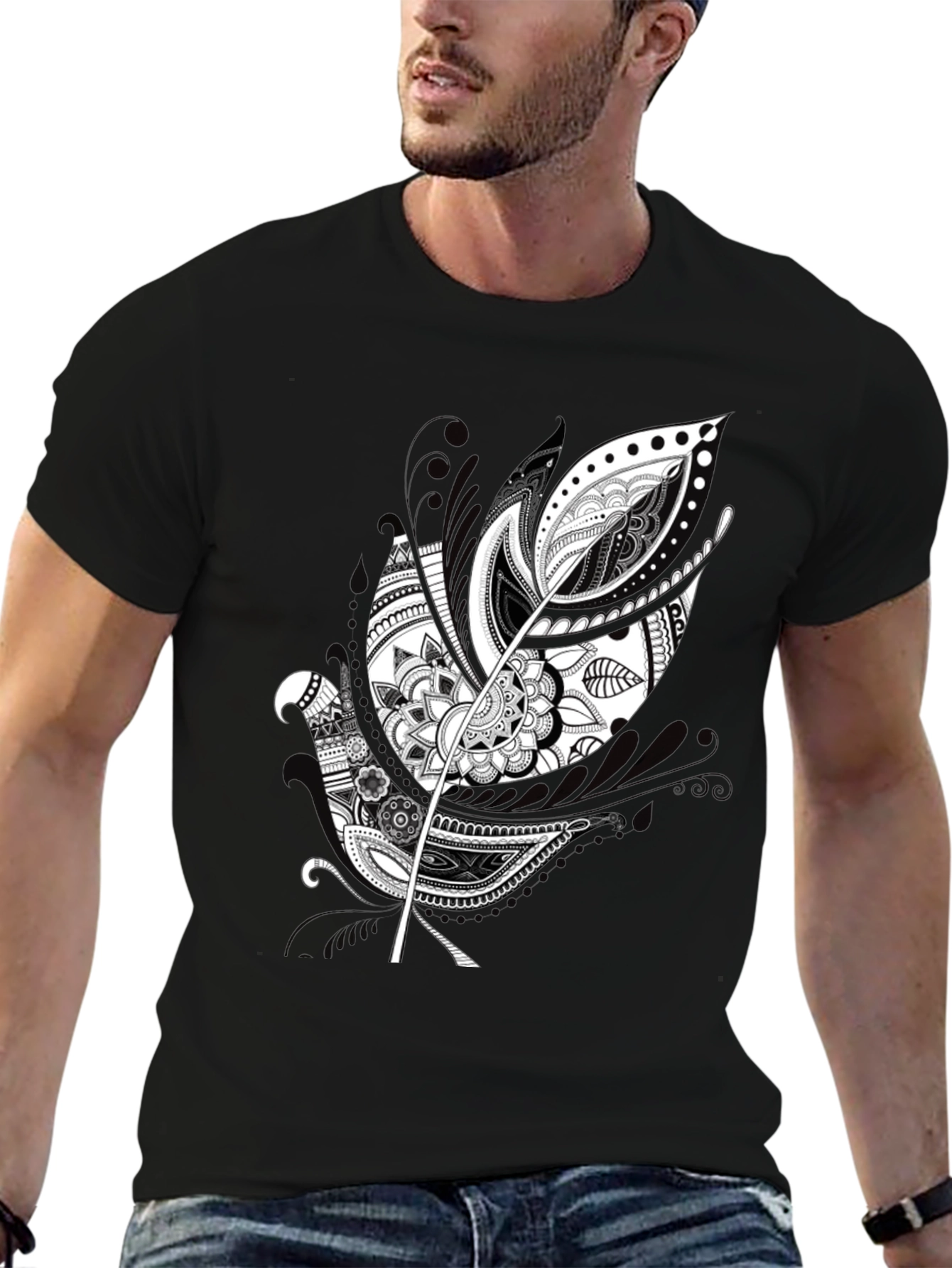 Black Black Graphic Tee - Feather Mandala Design view 6