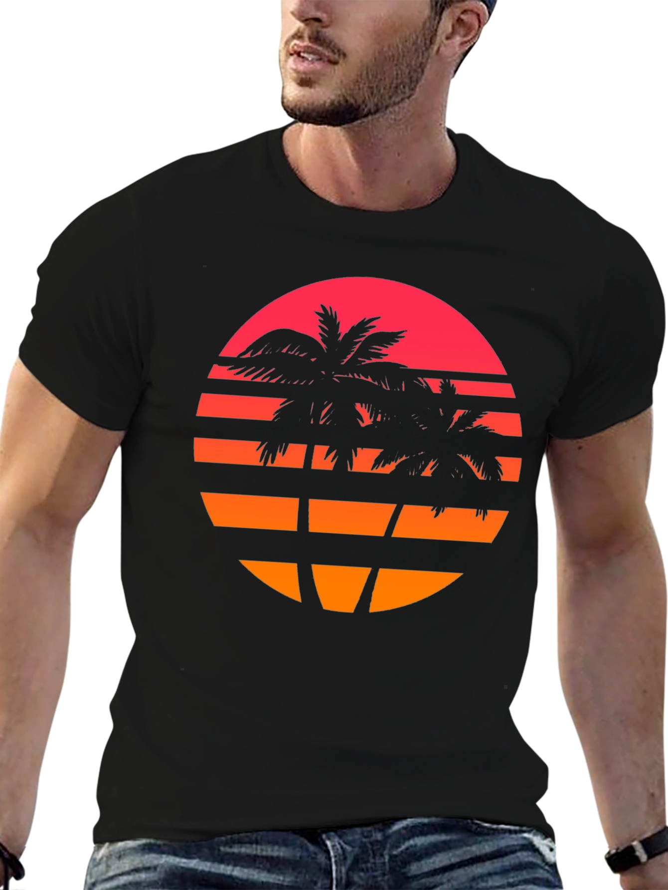 Black Retro Sunset Palm Tree Graphic T-Shirt view 6