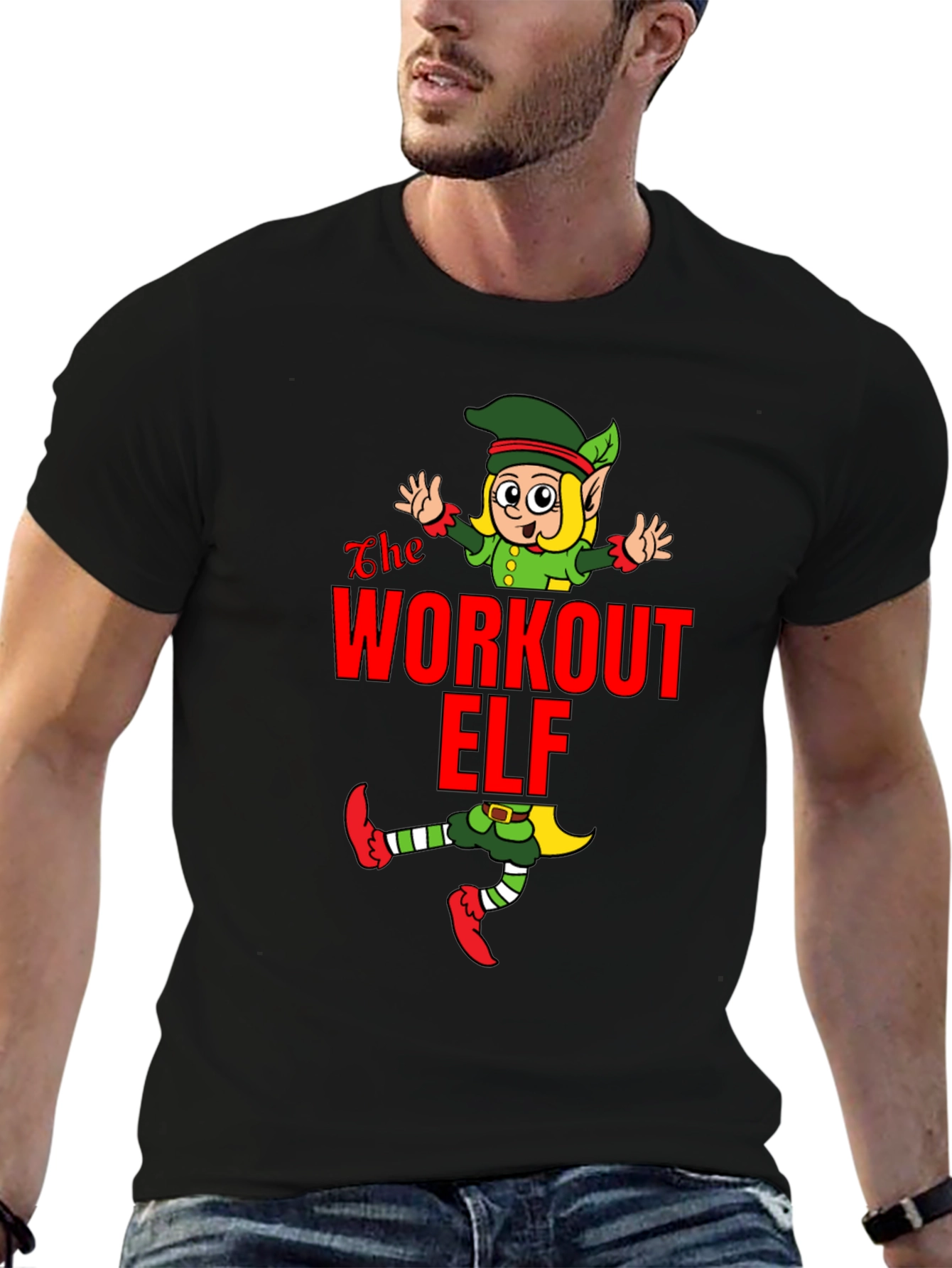 Black Workout Elf Graphic T-Shirt view 6