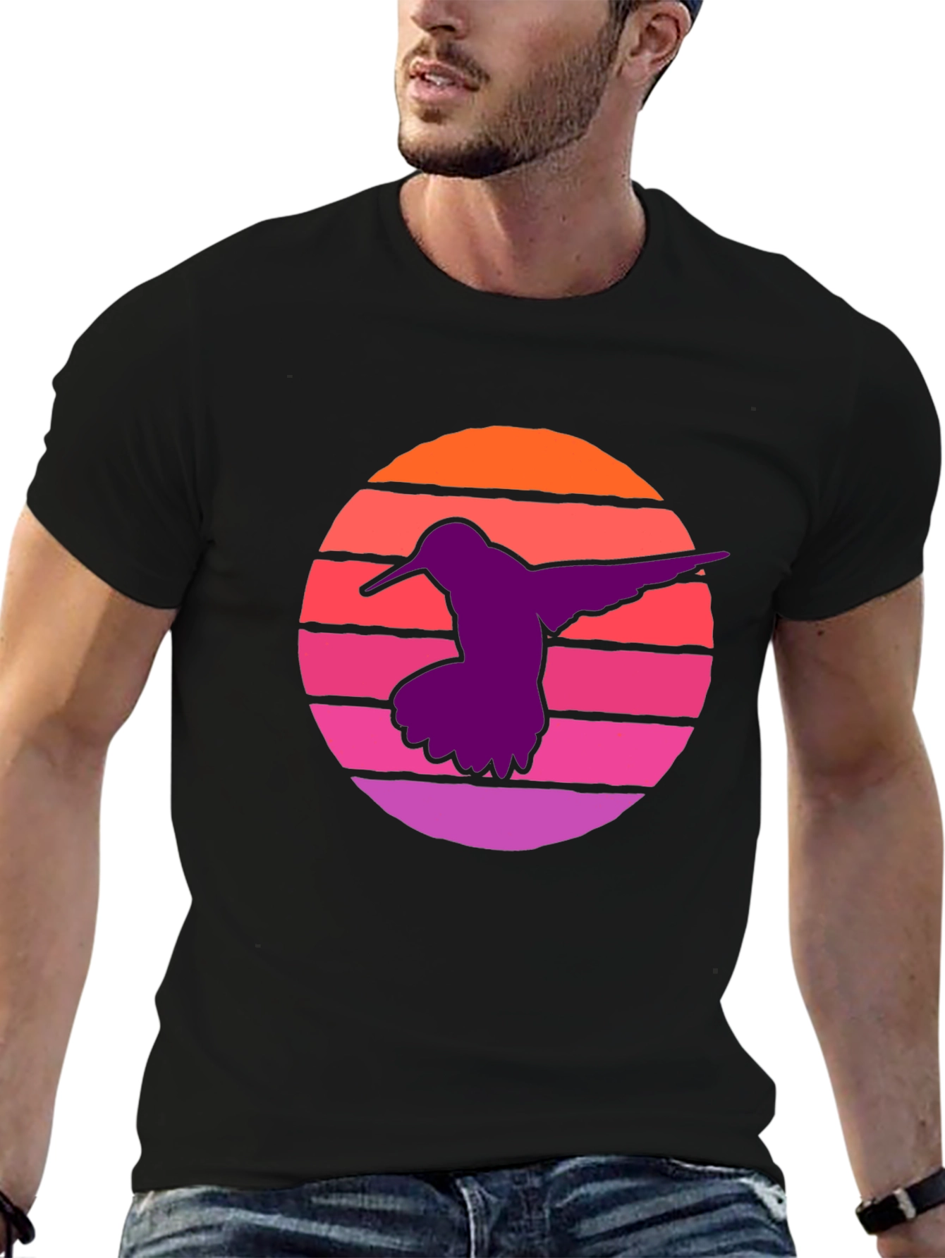 Black Hummingbird Sunset T-Shirt - Retro Style Black Tee view 6