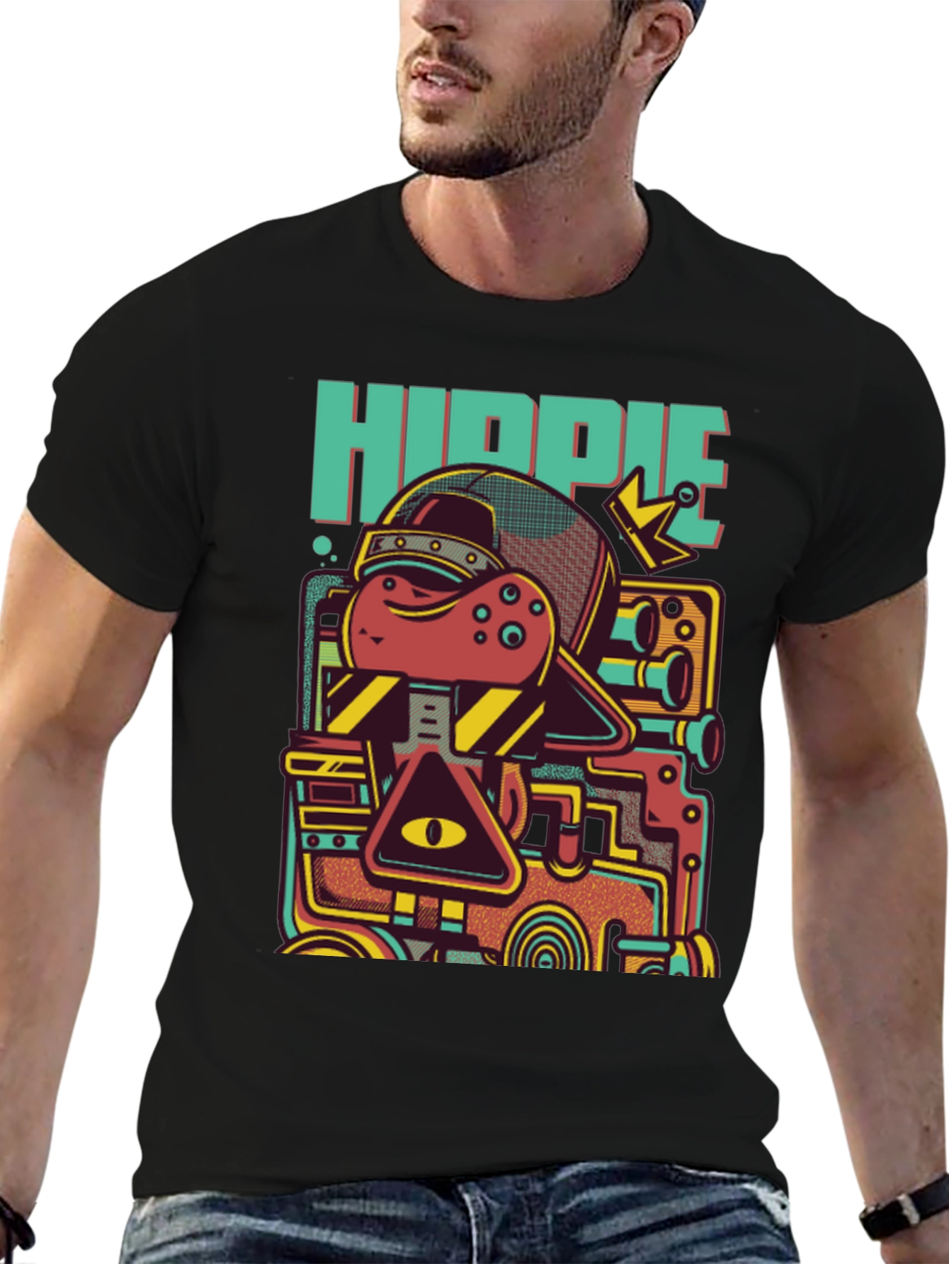 Black Hippie Robot Black Graphic T-Shirt view 6