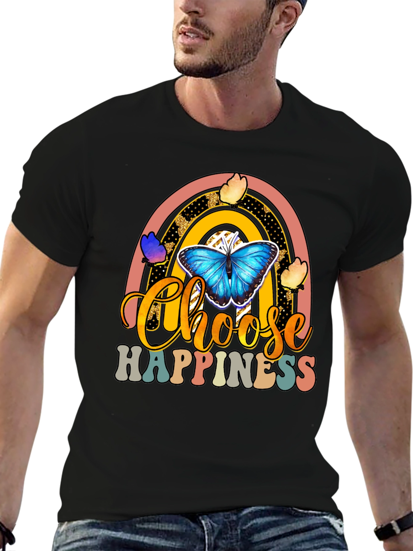 Black Choose Happiness T-Shirt - Butterfly Rainbow Design view 6
