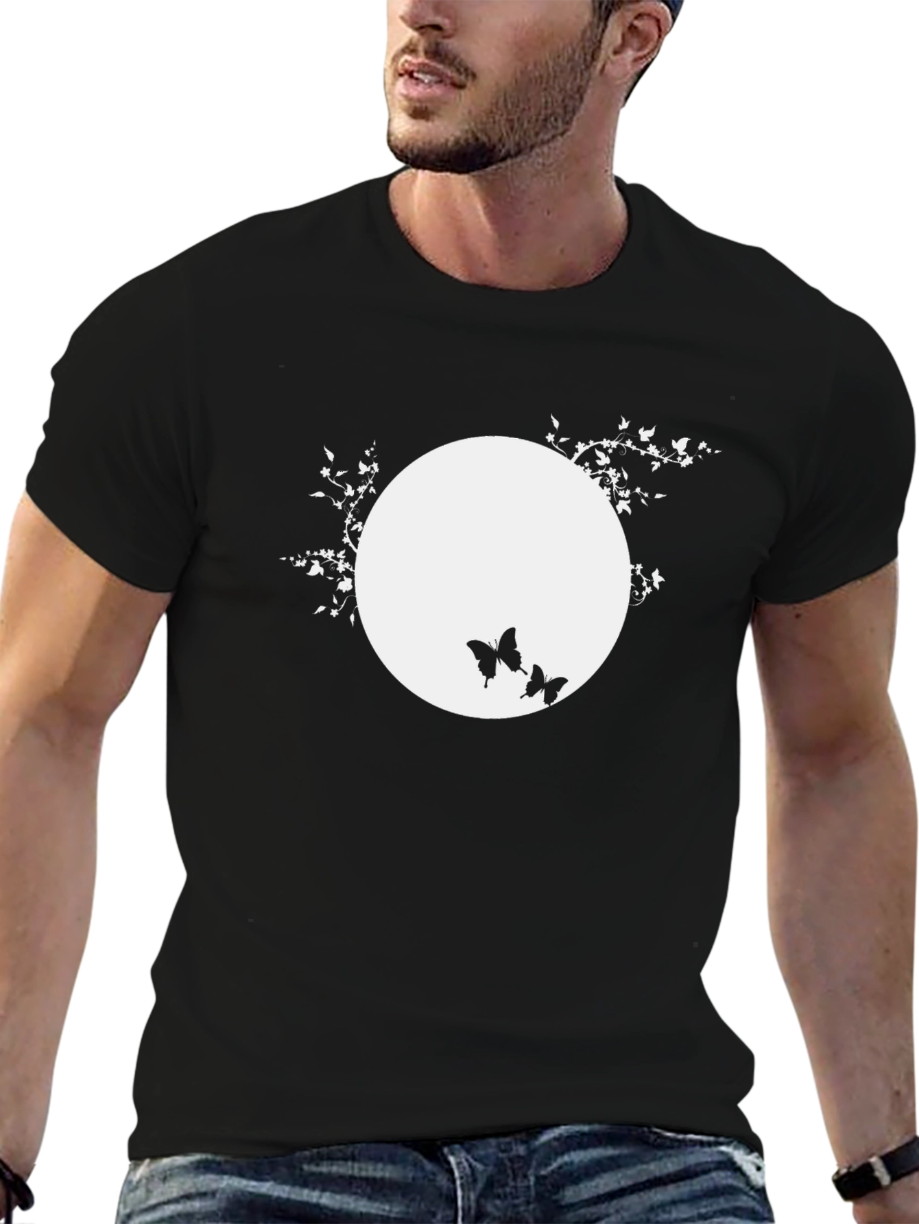 Black Black T-Shirt with Butterfly Moon Design view 6