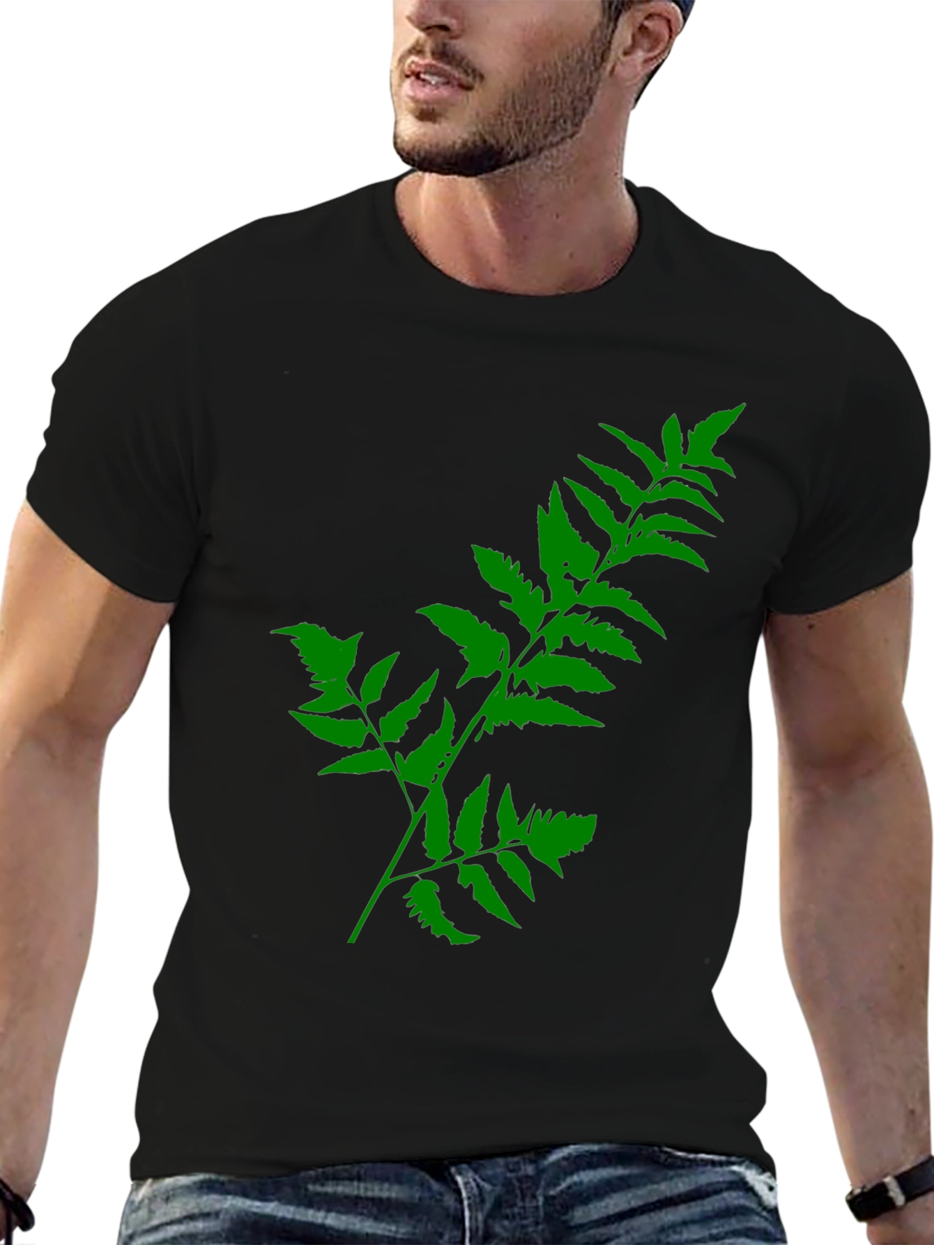 Black Green Fern Print Black T-Shirt view 6