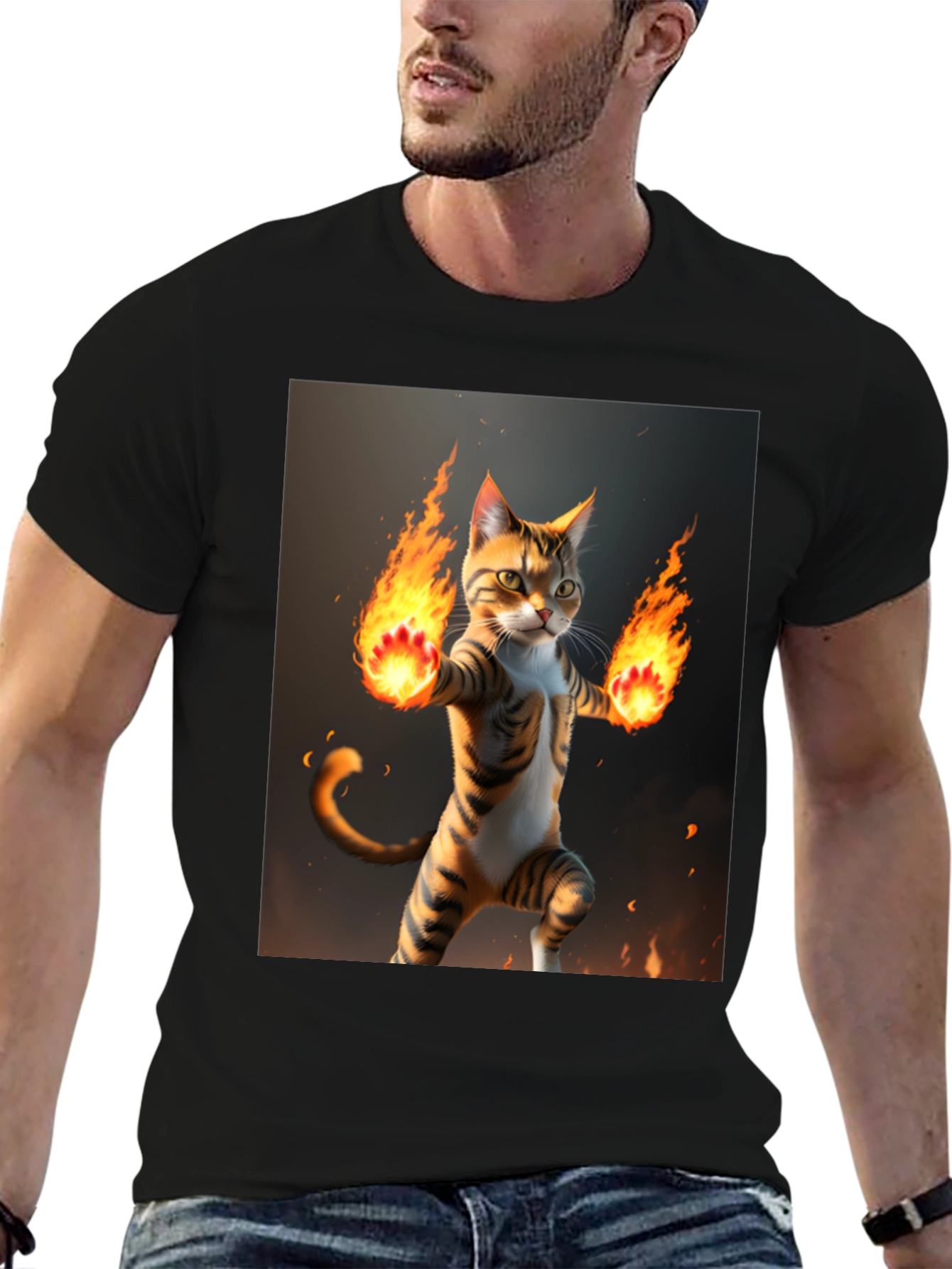 Black Fire Cat Graphic Tee - Black Cotton T-Shirt view 6