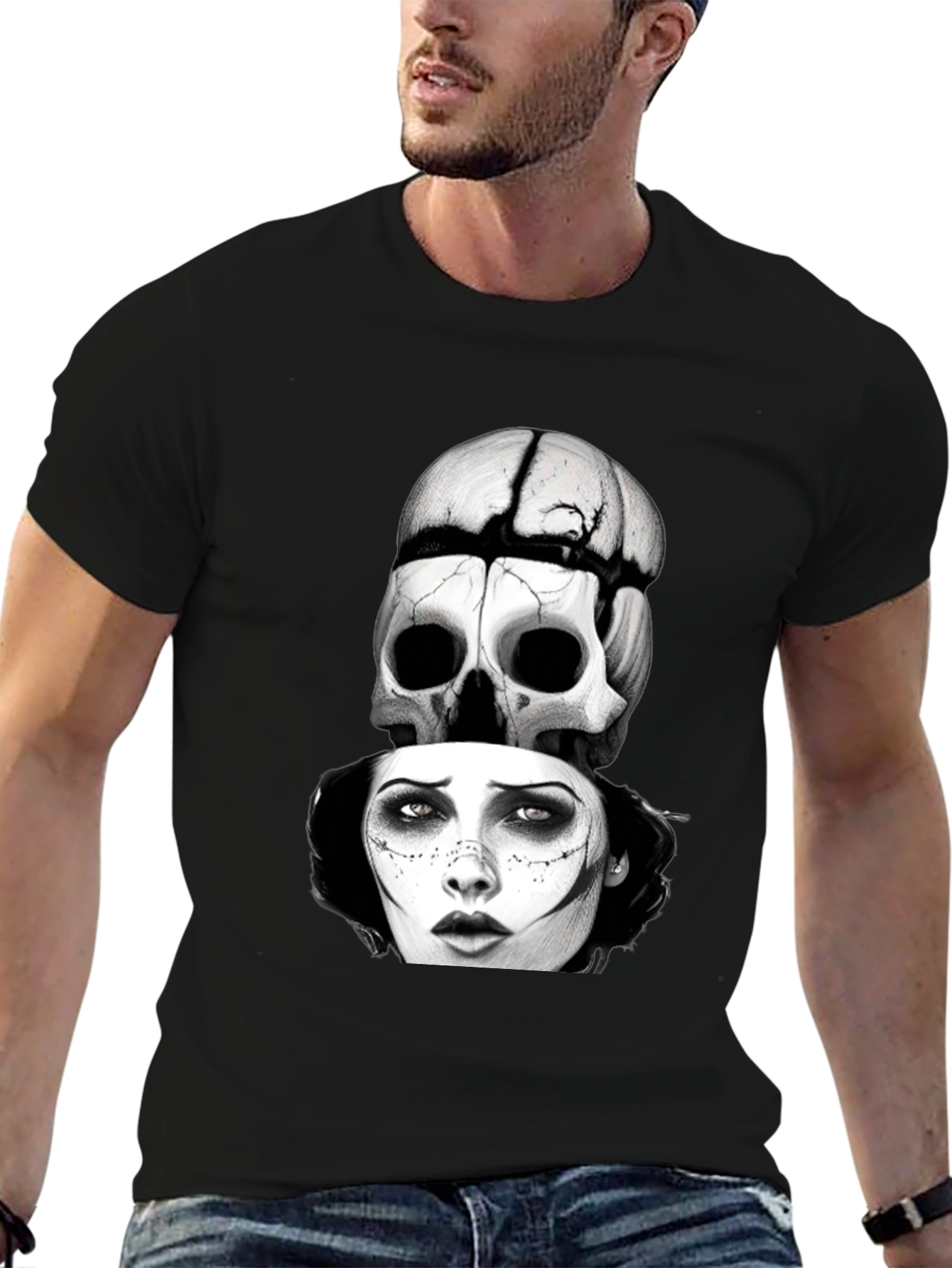 Black Skull & Woman Graphic T-Shirt - Gothic Style view 6