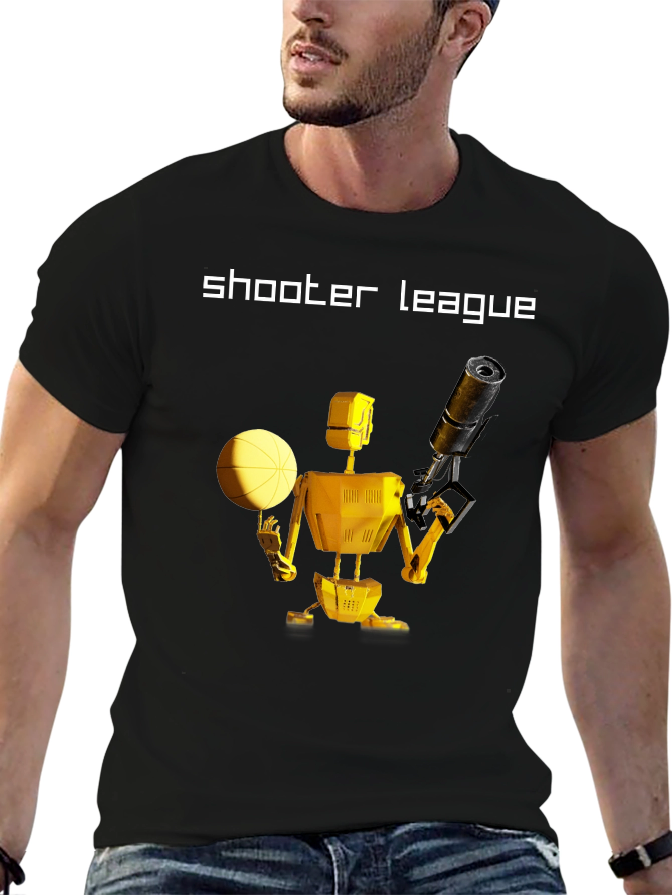 Black Shooter League Robot Basketball T-Shirt view 6
