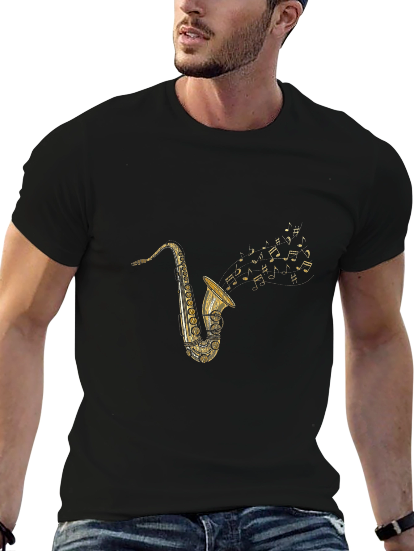 Black Saxophone Music T-Shirt - Classic Style view 6