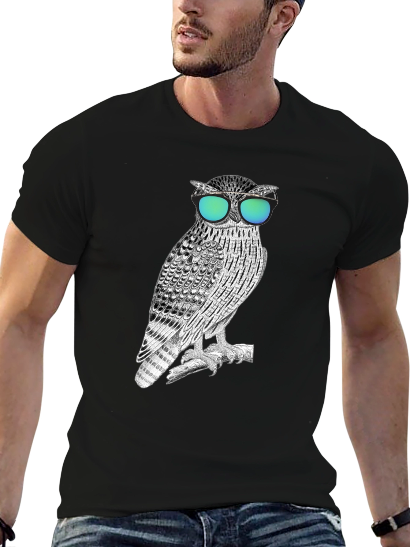 Black Cool Owl Graphic Tee - Black Cotton Blend view 6