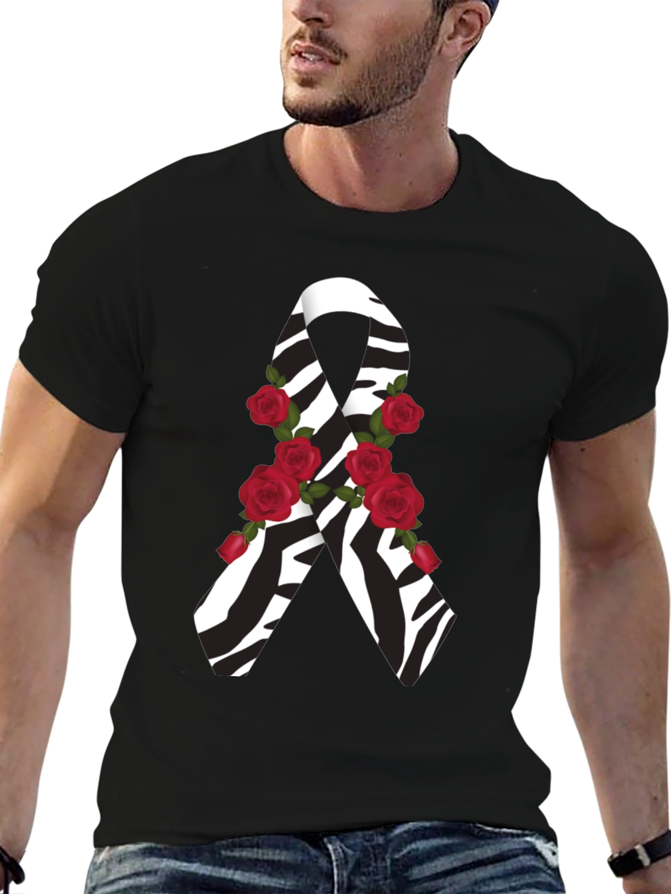 Black Zebra Stripe Awareness Ribbon Rose Graphic Tee view 6