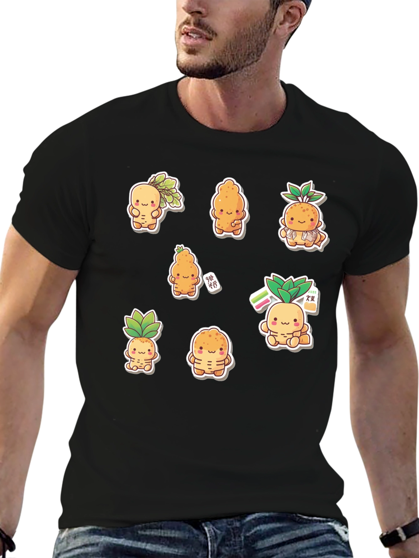 Black Cute Cartoon Root Vegetable Graphic T-Shirt view 6