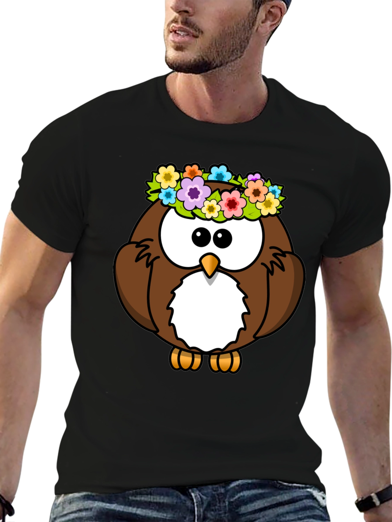 Black Cute Owl with Flowers Graphic Tee - Black Unisex T-Shirt view 6