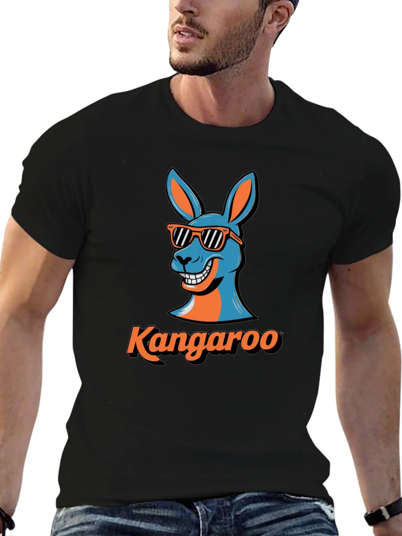 Black Cool Kangaroo Graphic Tee - Black Cotton T-Shirt view 6