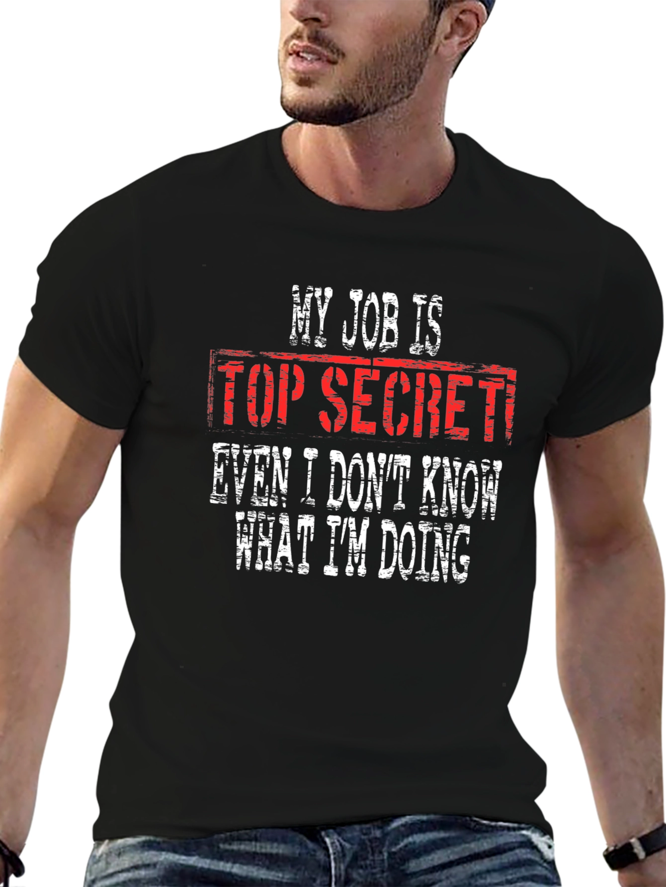 Black Top Secret Job Humor Graphic Tee view 6