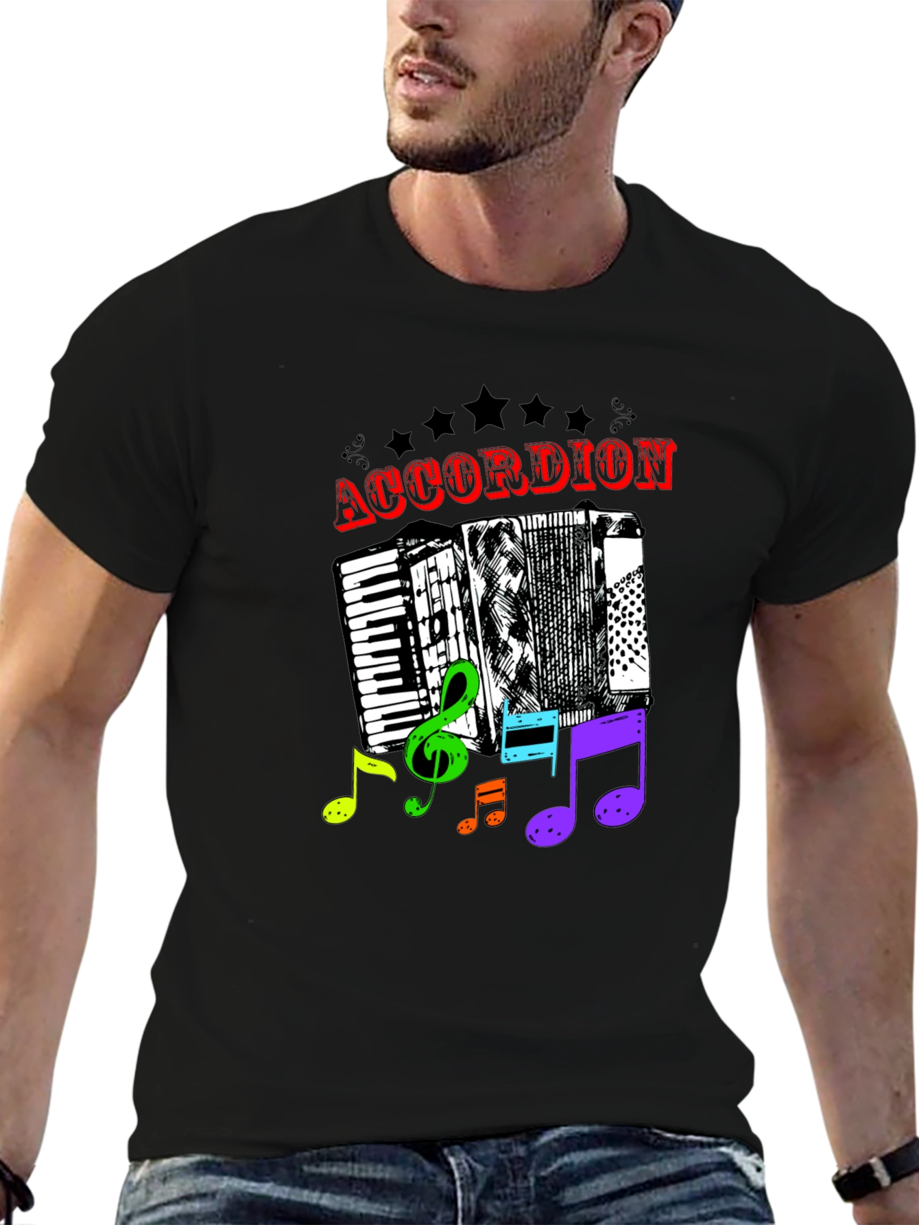 Black Accordion & Music Notes Graphic T-Shirt - Unisex view 6