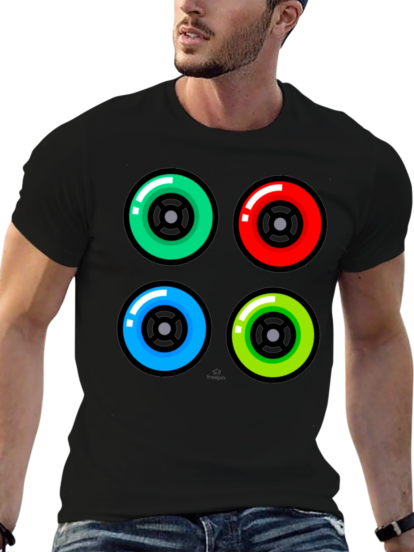 Black Colorful Wheels Graphic Tee - Black Cotton T-Shirt view 6