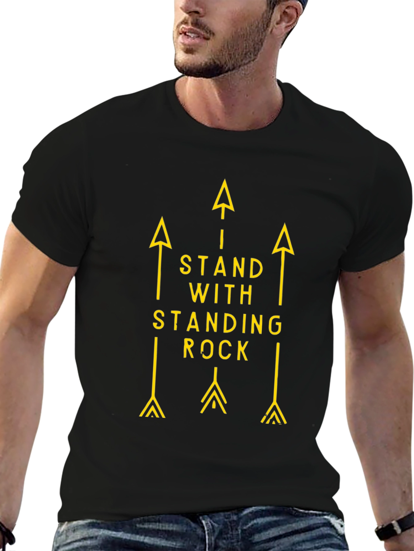 Black Stand with Standing Rock Tee - Black Cotton Arrow Graphic T-Shirt view 6