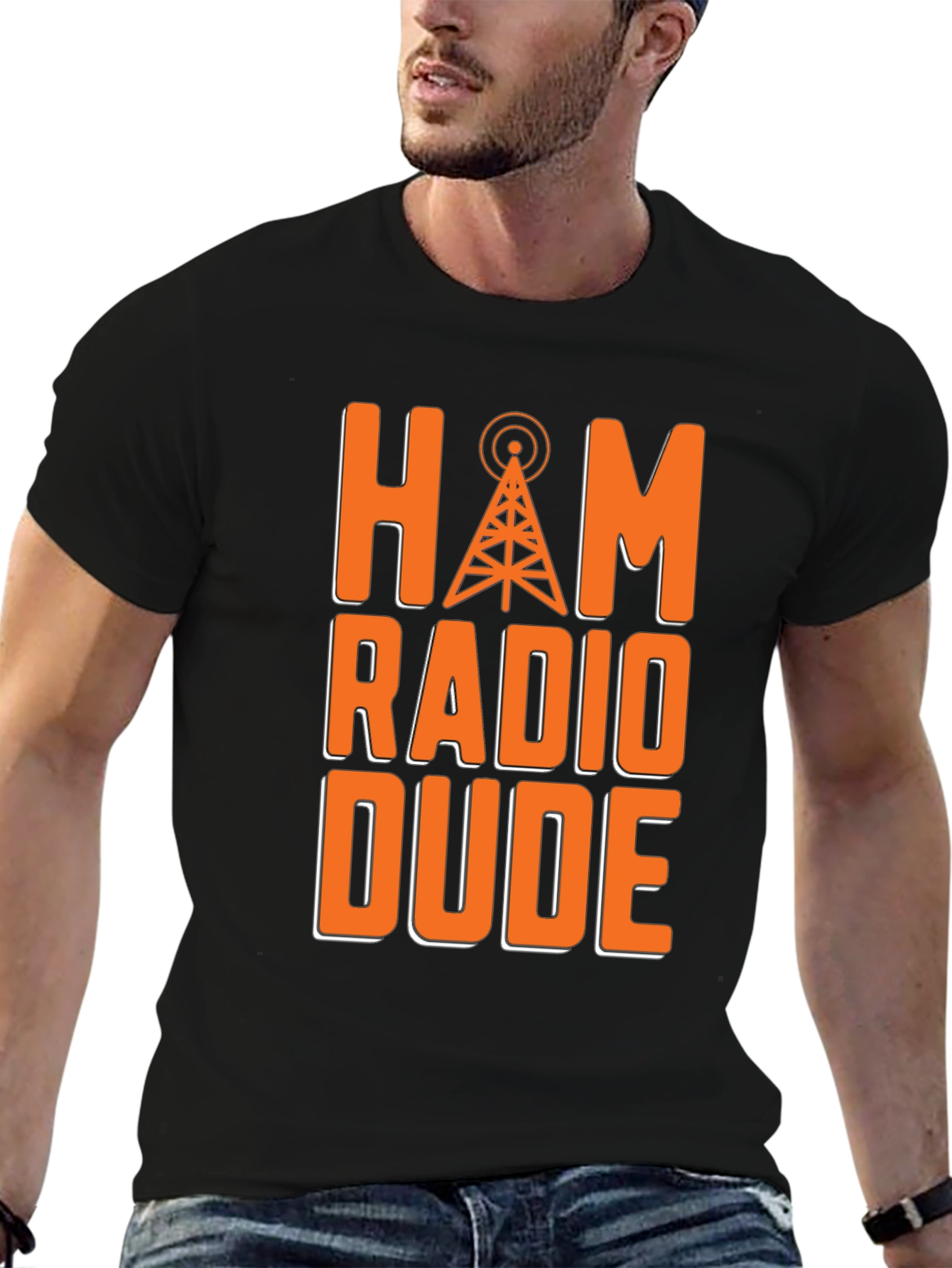 Black Ham Radio Dude T-Shirt - Orange Radio Tower Design view 6