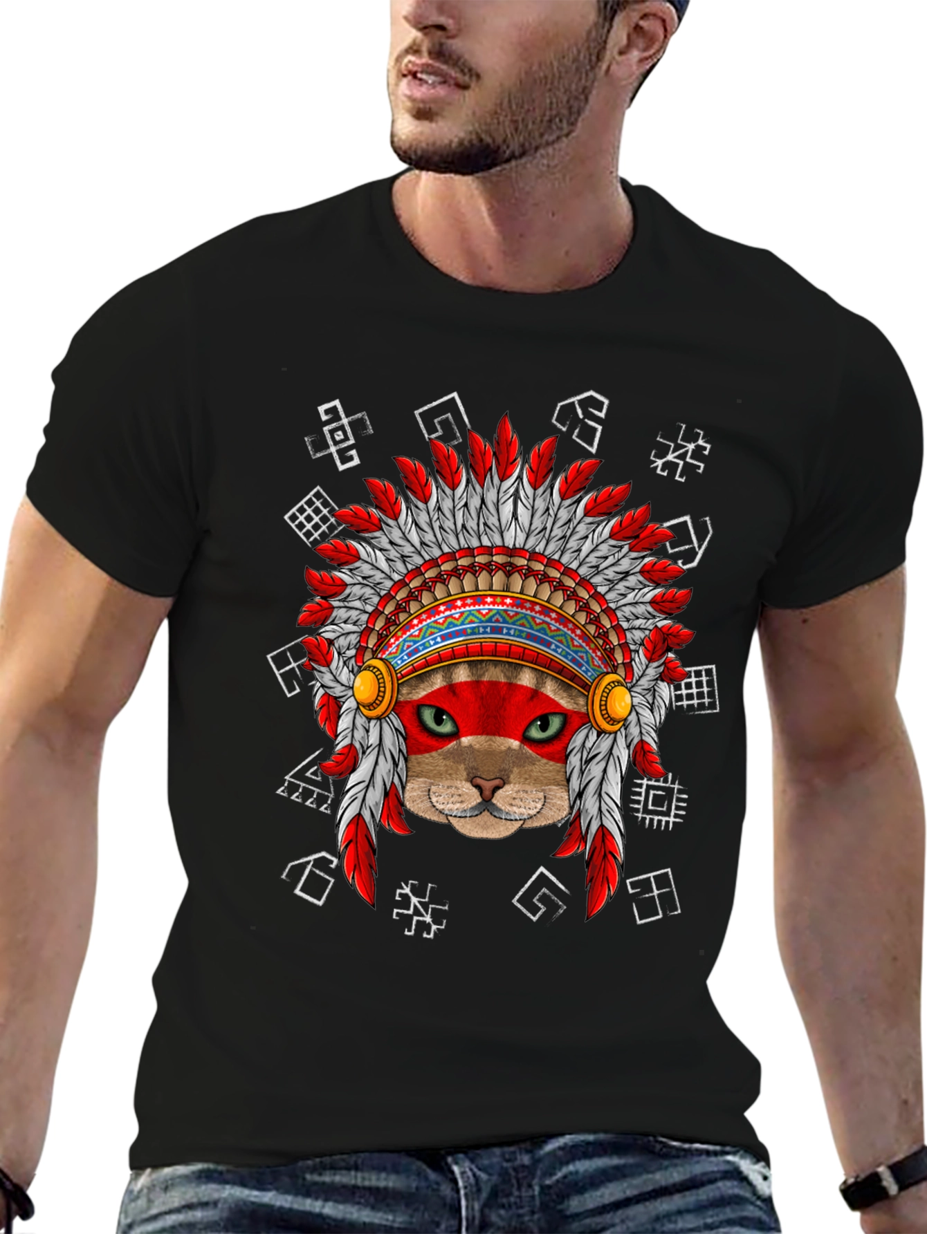 Black Native American Cat T-Shirt view 6