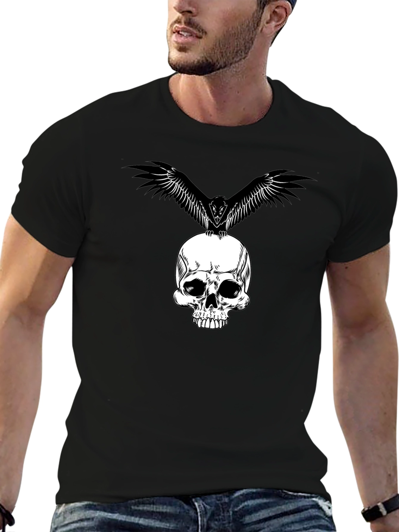 Black Skull & Raven Graphic Tee - Black Cotton T-Shirt view 6