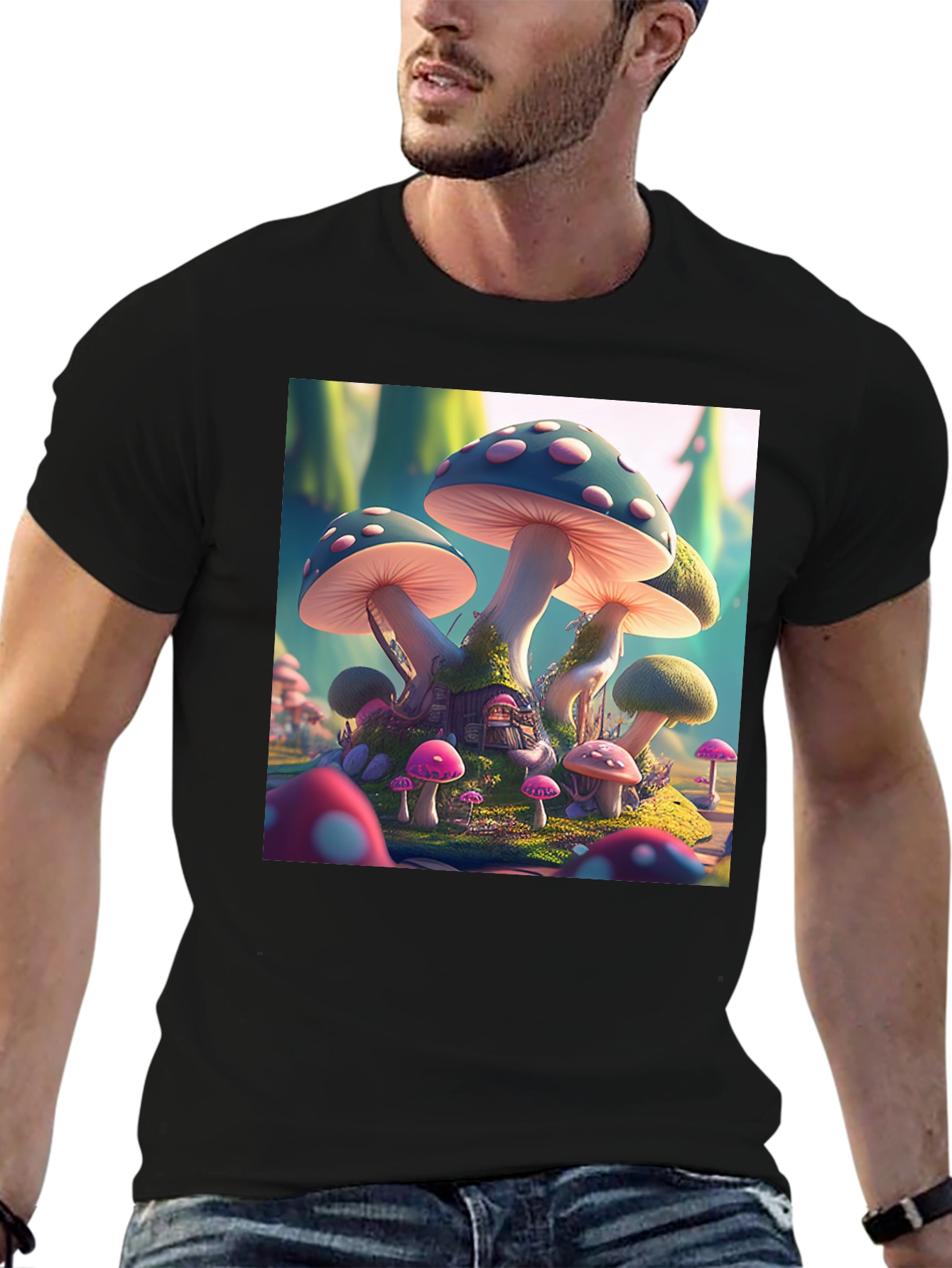 Black Magical Mushroom House T-Shirt view 6