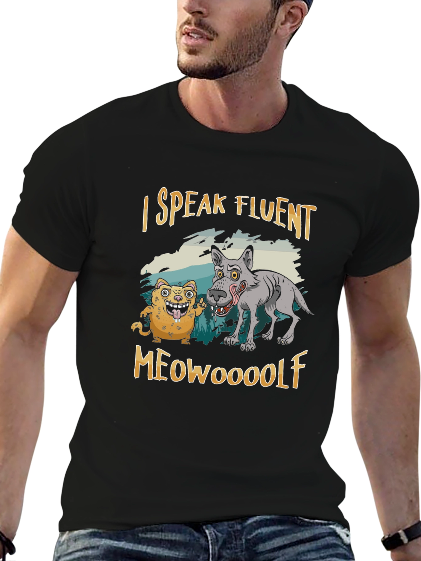 Black I Speak Fluent Meowooolf Funny Novelty T-Shirt view 6