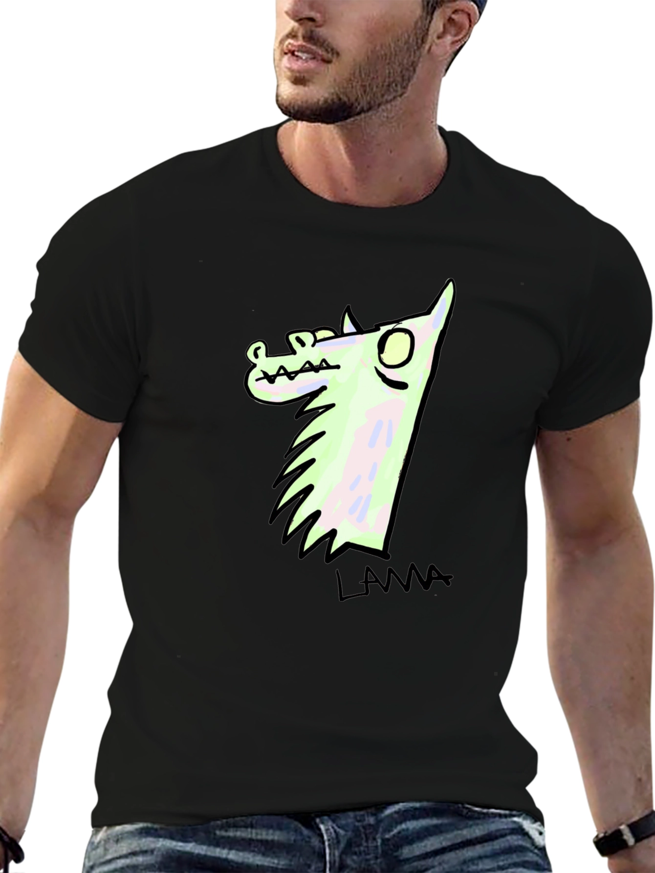 Black Llama Cartoon Graphic Print Black T-Shirt view 6