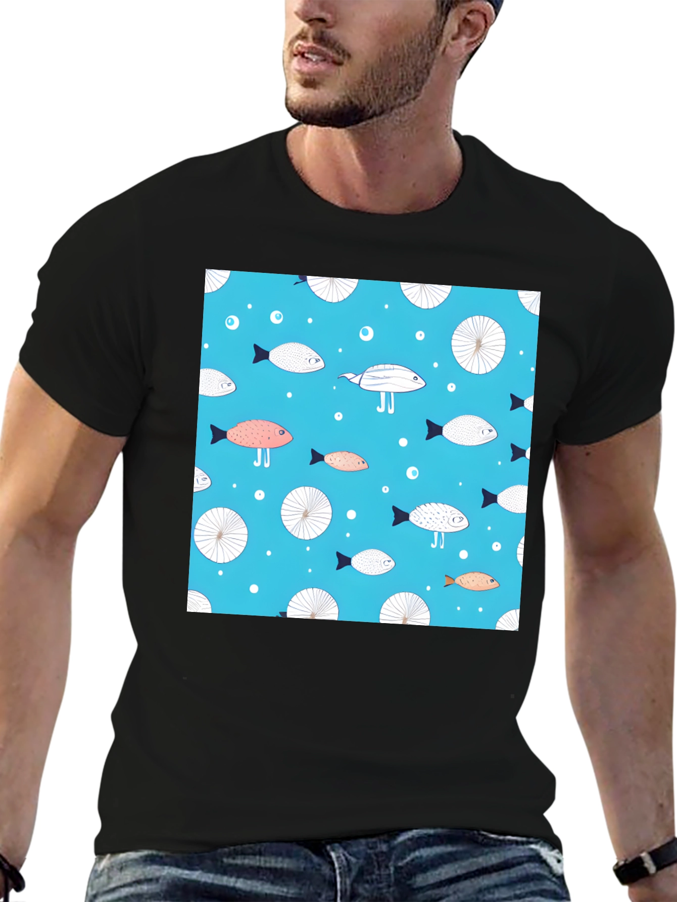 Black Fun Fish Pattern Tee - Unique Aquatic Design view 6