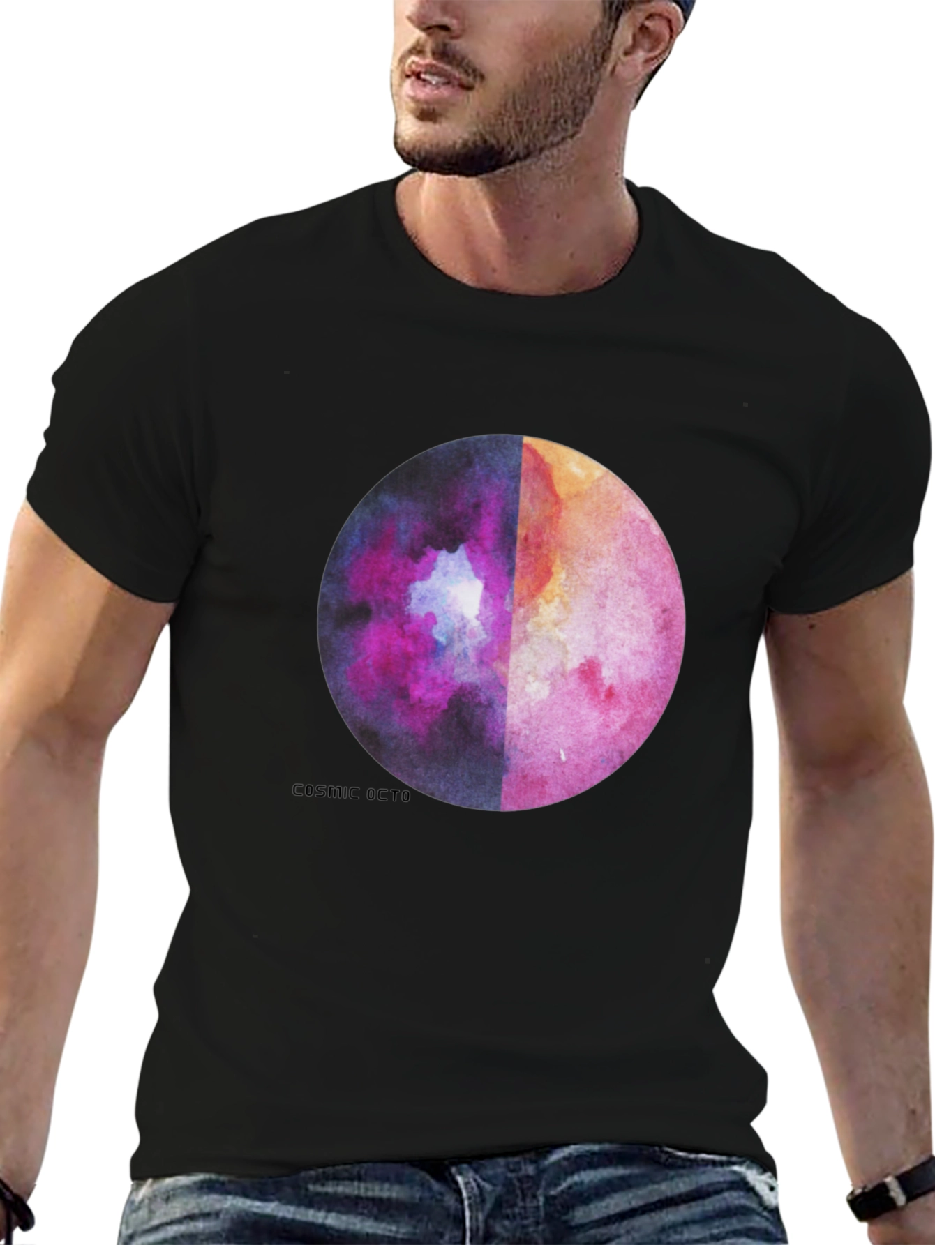 Black Cosmic Octo Moon Watercolor Graphic Tee view 6
