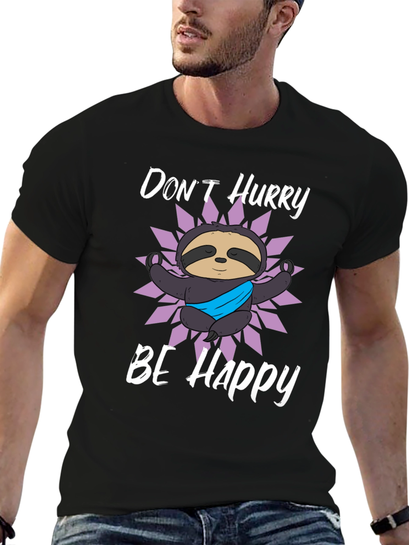 Black Don't Hurry Be Happy Sloth Graphic T-Shirt view 6