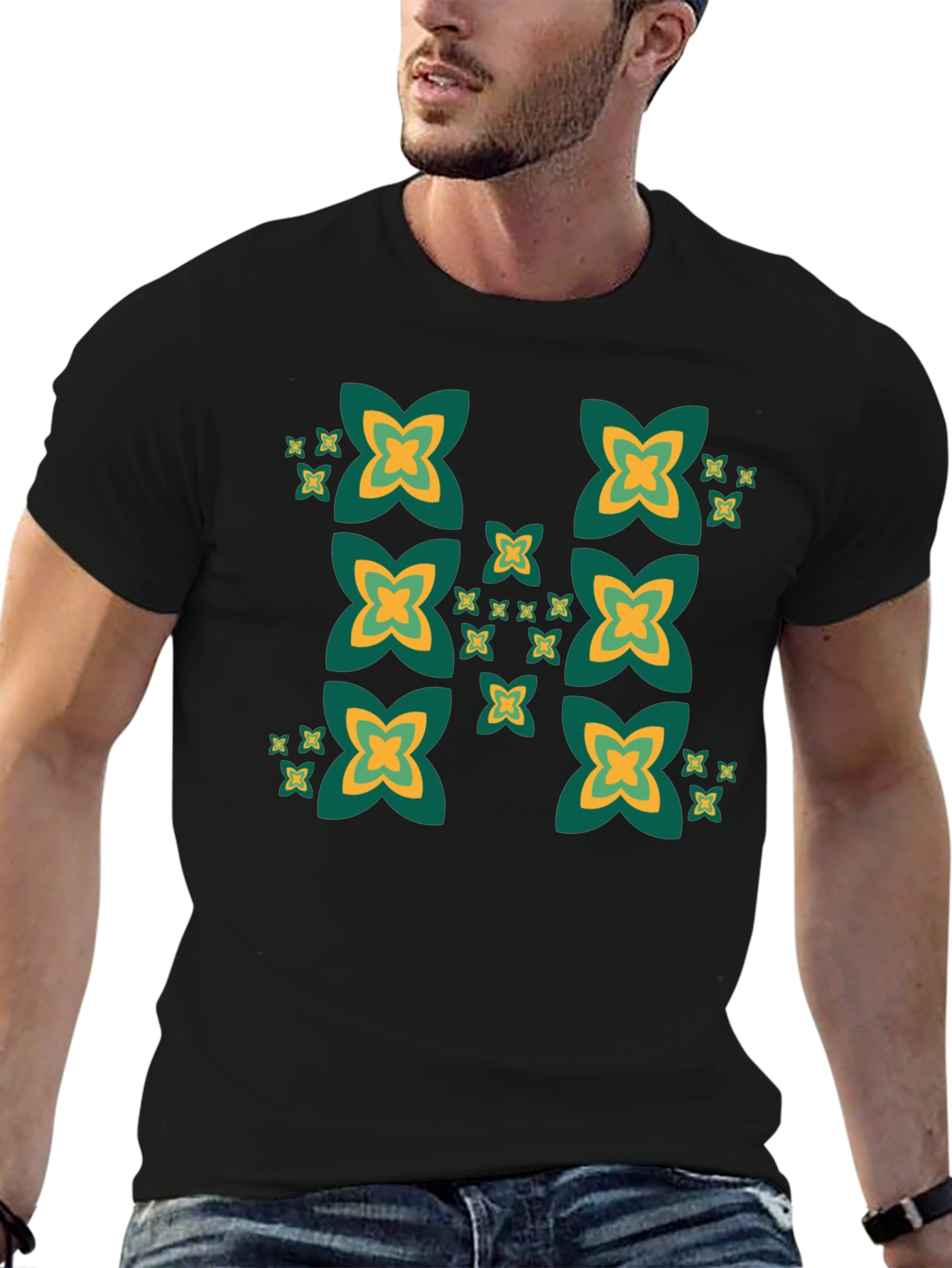 Black Black Tee with Geometric Clover Pattern view 6