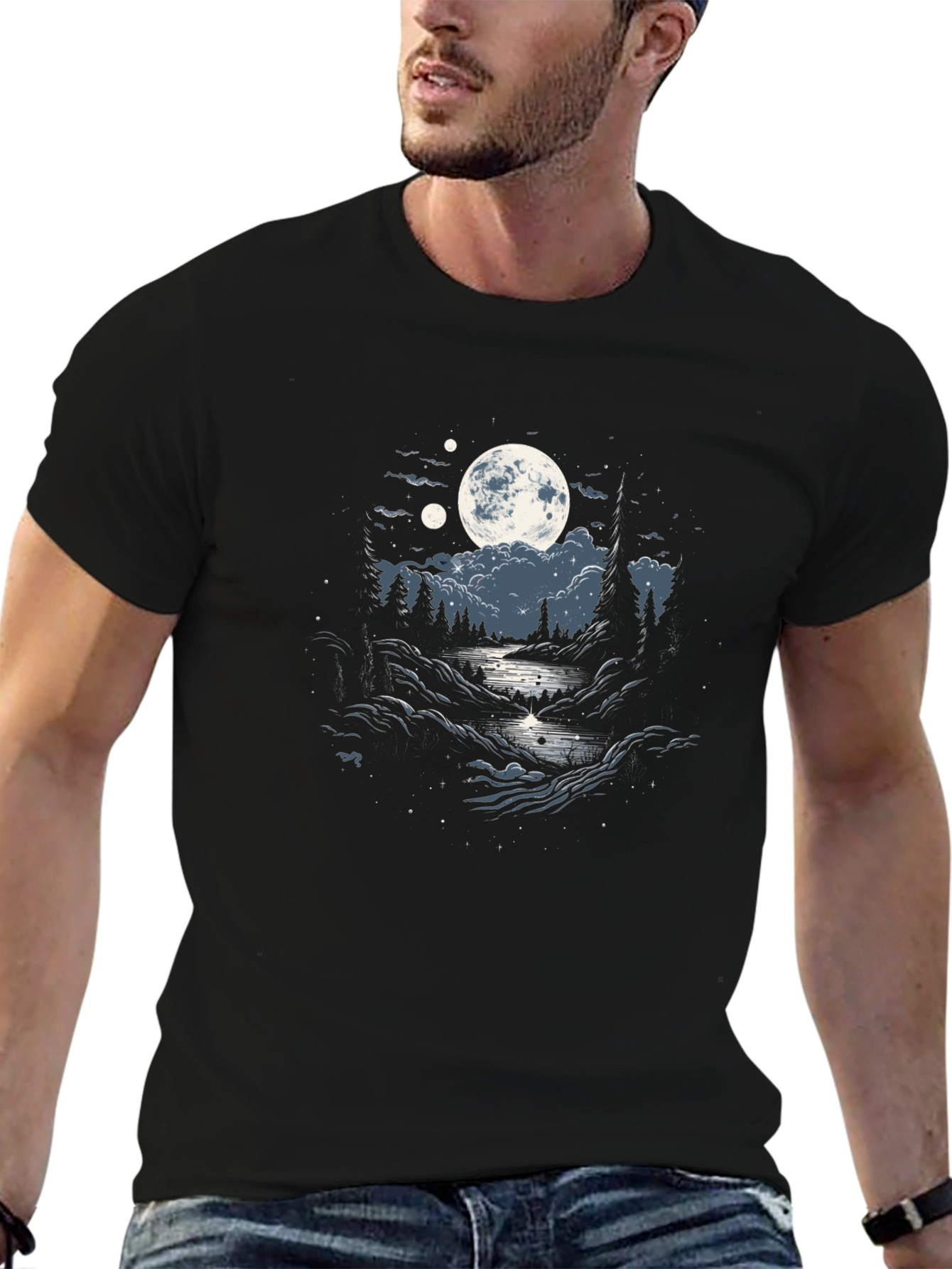 Black Moonlit River Graphic Tee - Nature Inspired T-Shirt view 6