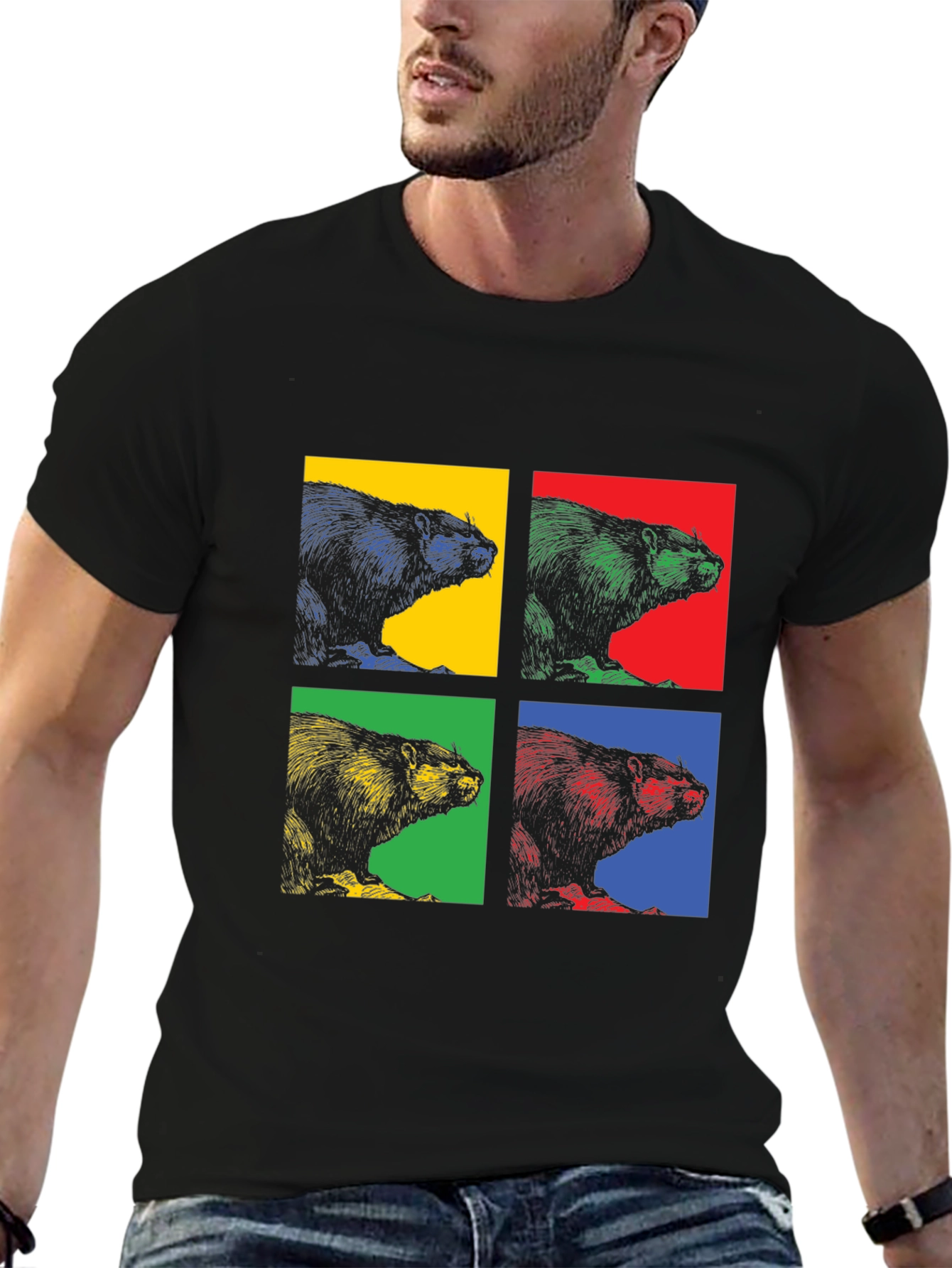 Black Retro Beaver Pop Art Graphic Tee - Black Cotton T-Shirt view 6