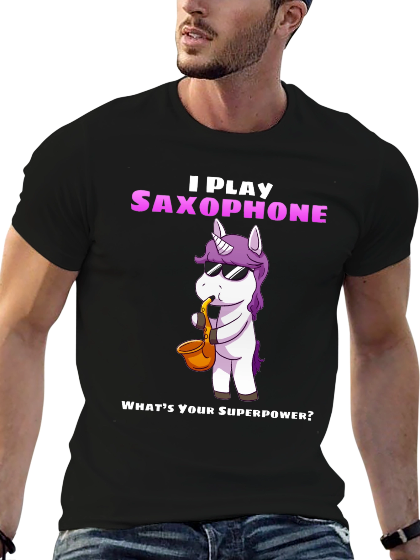 Black Saxophone Playing Unicorn Graphic Tee view 6