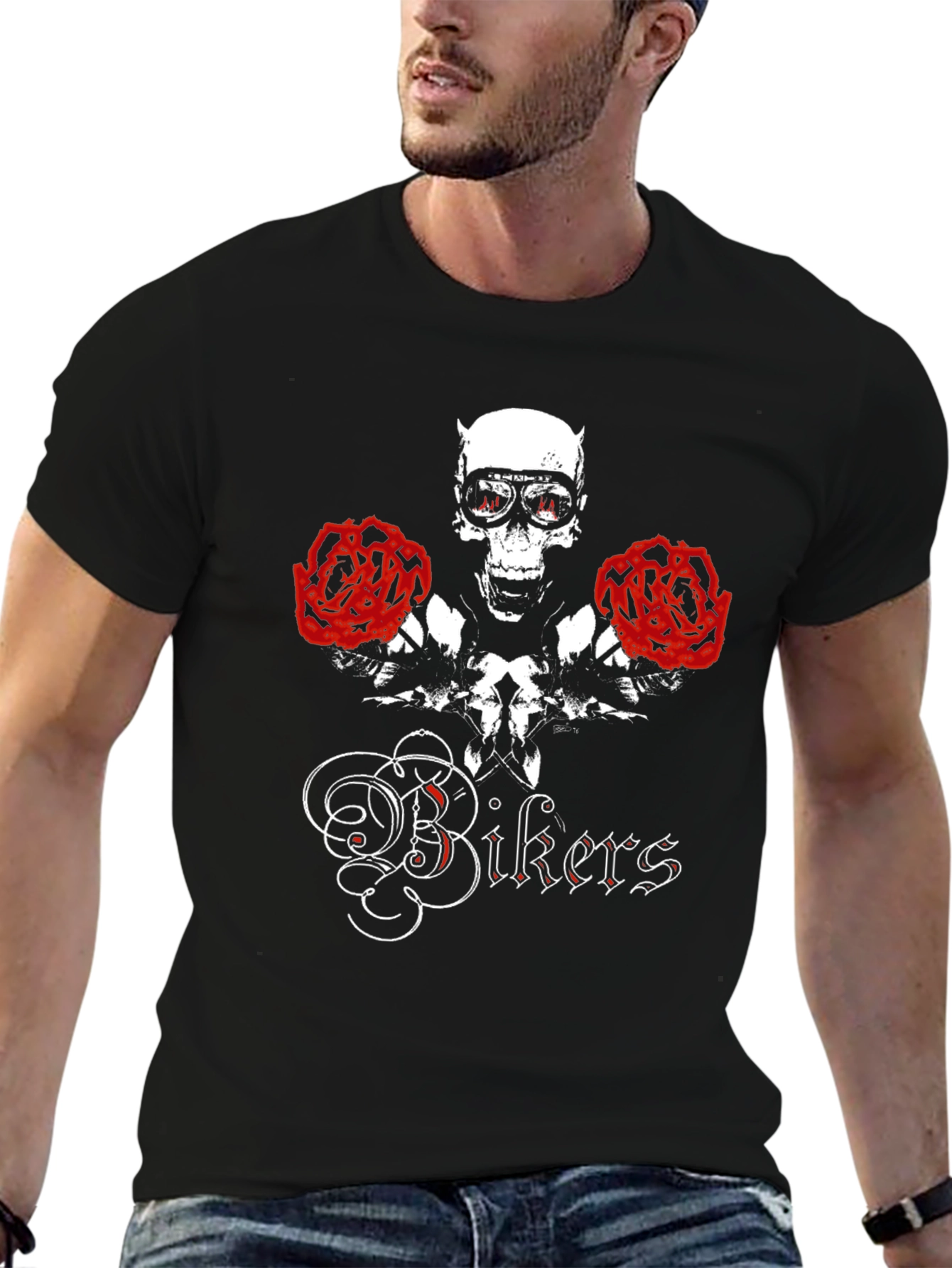 Black Skull & Roses "Bikers" Graphic T-Shirt view 6